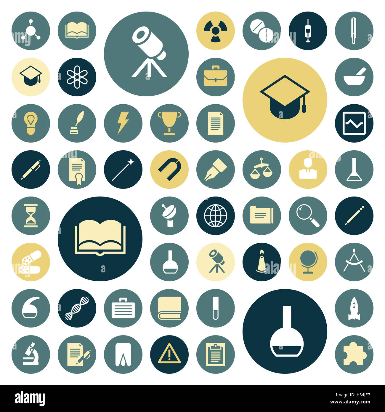 Flache Design-Ikonen für Bildung, Wissenschaft und Medizin. Stockfoto