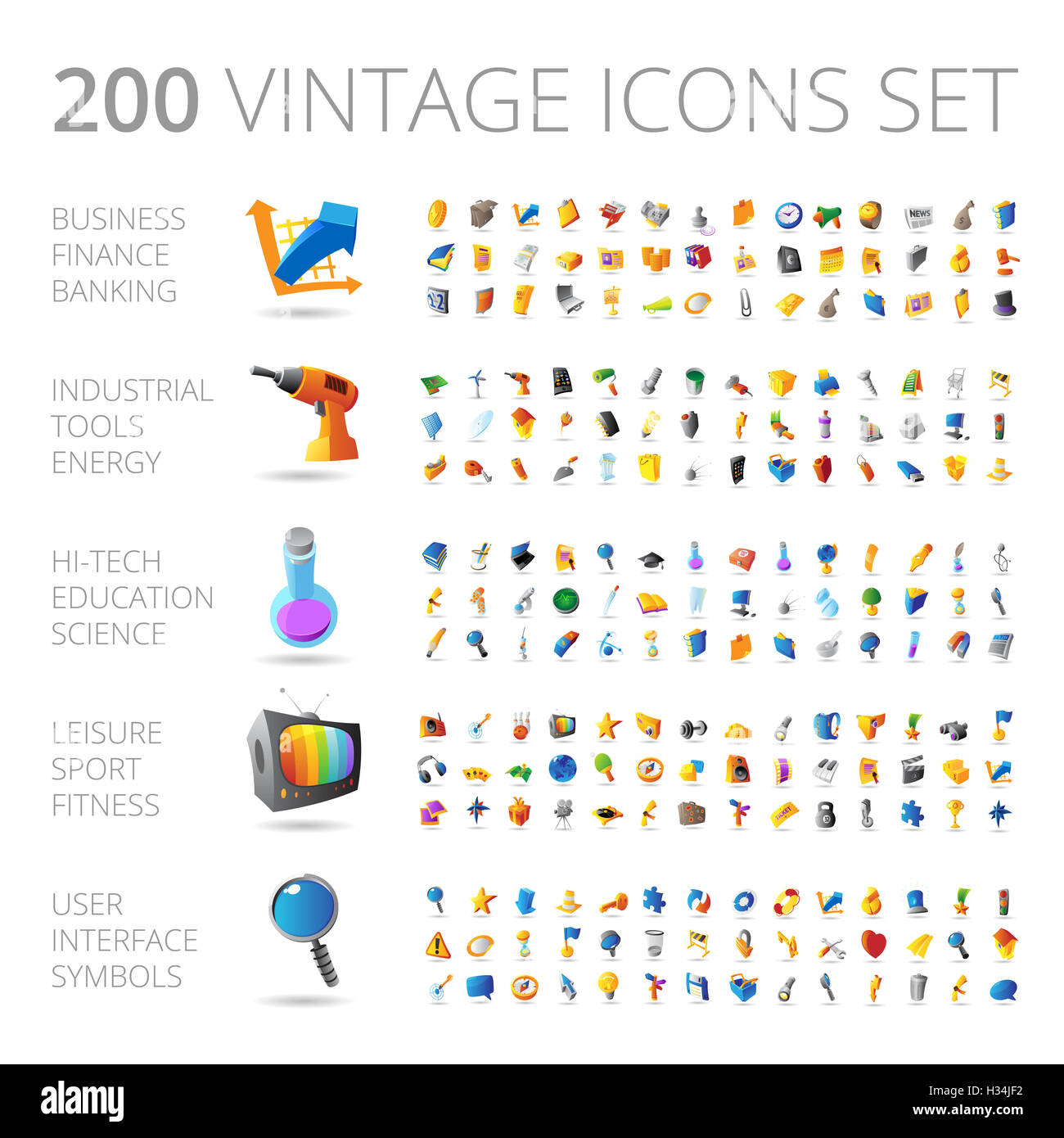 Vintage Icons set für Wirtschaft, Technologie, Bildung, Industrie und Sport. Stockfoto