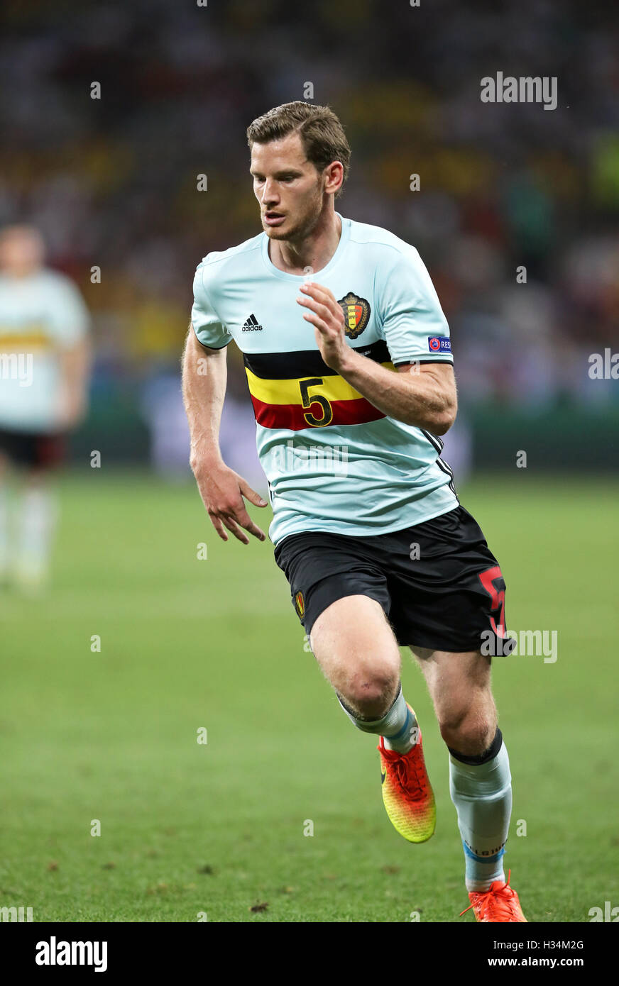 Nizza, Frankreich - 22. Juni 2016: Jan Vertonghen Belgien läuft während der UEFA EURO 2016 Spiel gegen Schweden im Allianz Riviera Stade de Nice, Nizza, Frankreich Stockfoto