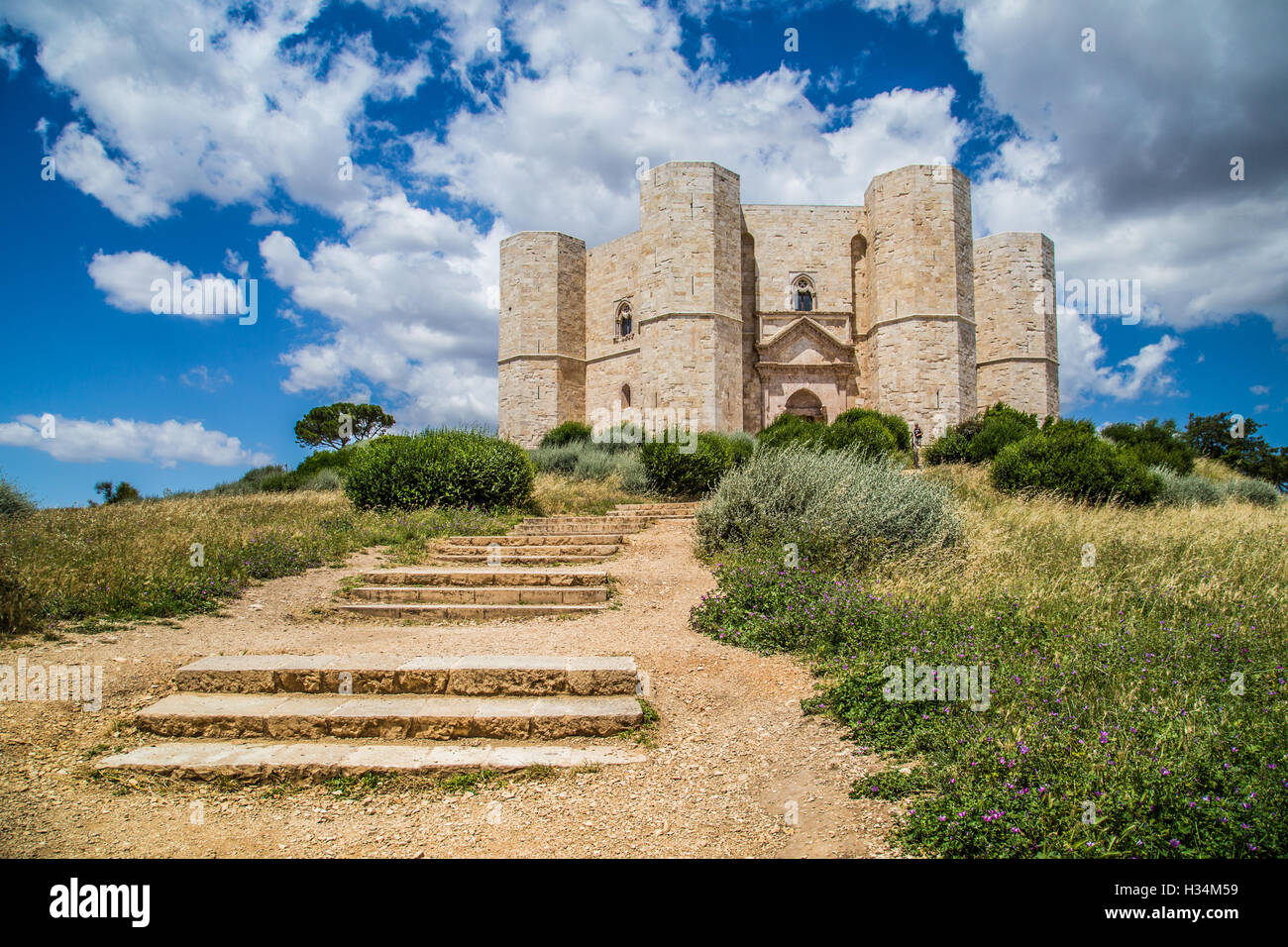 Schöne Aussicht von Castel del Monte, das berühmte Schloss, gebaut in eine achteckige Form durch den Heiligen römischen Kaiser Frederick II, Apulien Region, Italien Stockfoto