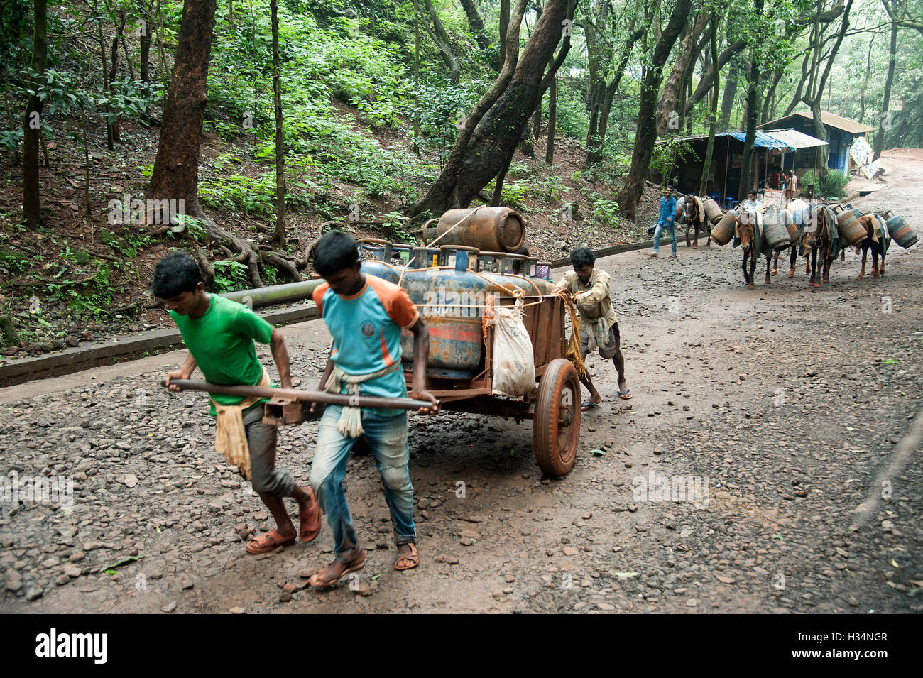 Das Bild der Warenkorb Abzieher mit Gepäck in Matheran, Maharashtra, Indien Stockfoto