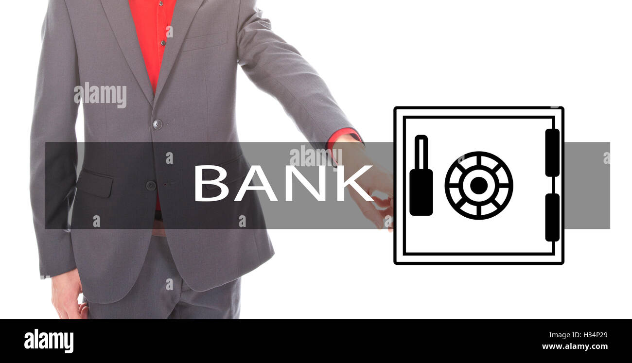 Junger Geschäftsmann mit Bankschließfach isoliert auf weißem Hintergrund Stockfoto