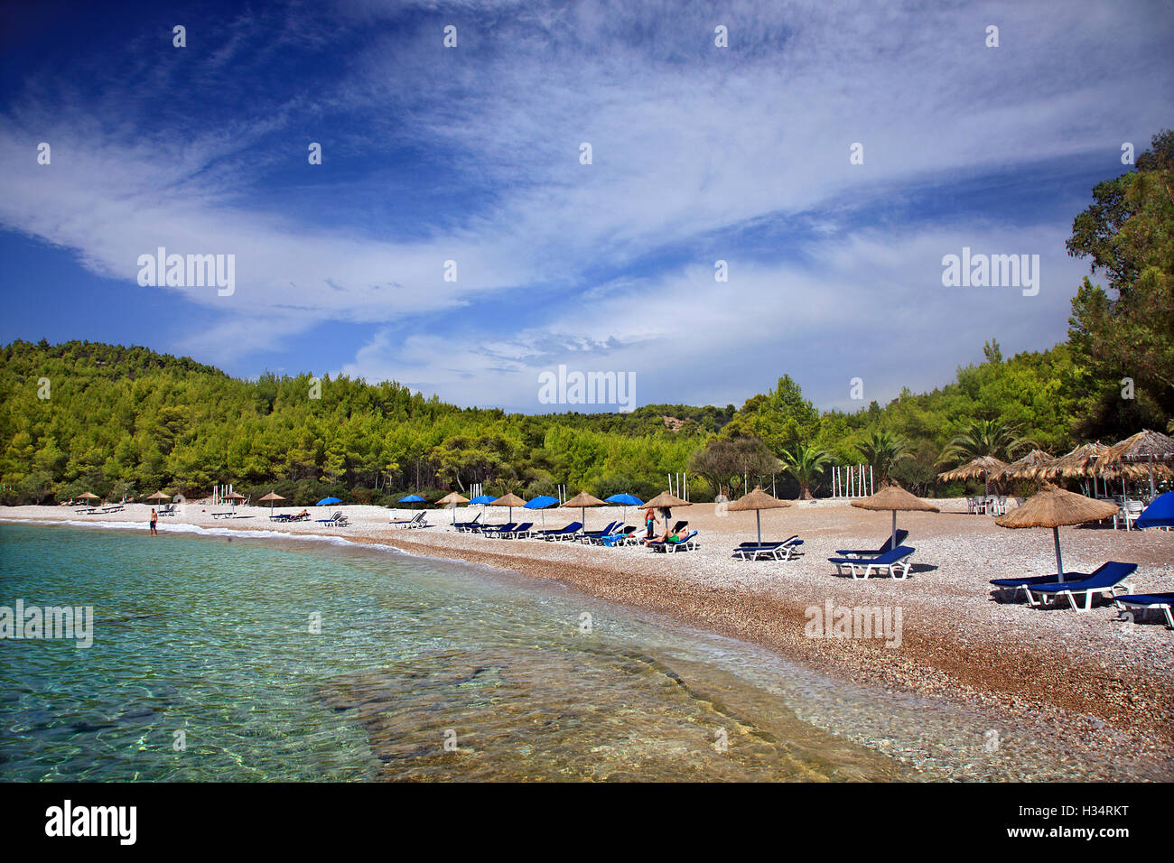 Xylokeriza Strand, Insel Spetses, Attika, Griechenland. Stockfoto