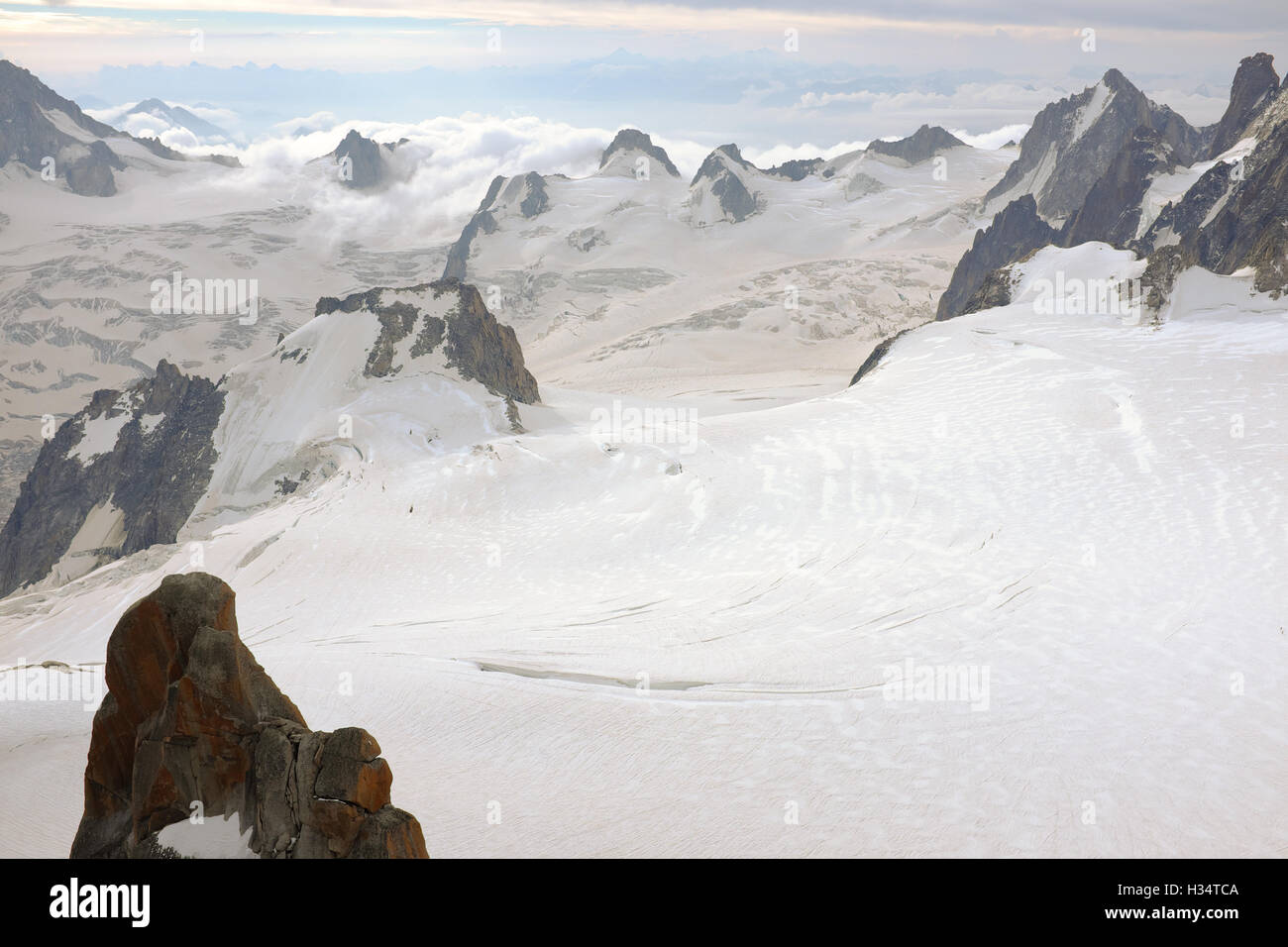 Die Geant Glacier von Aiguille du Midi in der Nähe von Chamonix, Frankreich. Stockfoto