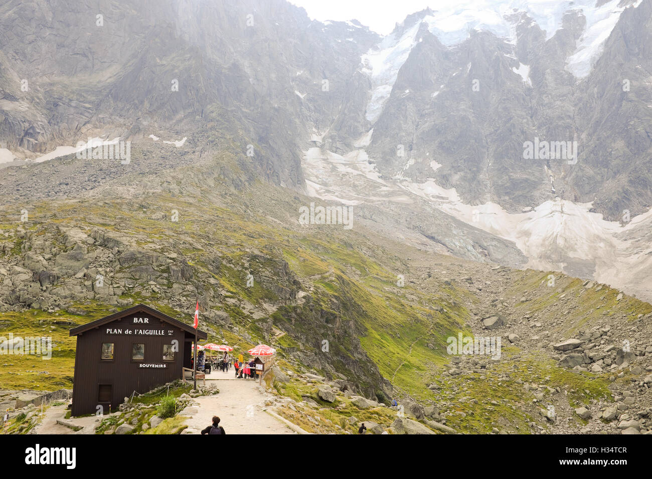 Die Buvette du Plan de l'Aiguille über Chamonix, Frankreich. Stockfoto