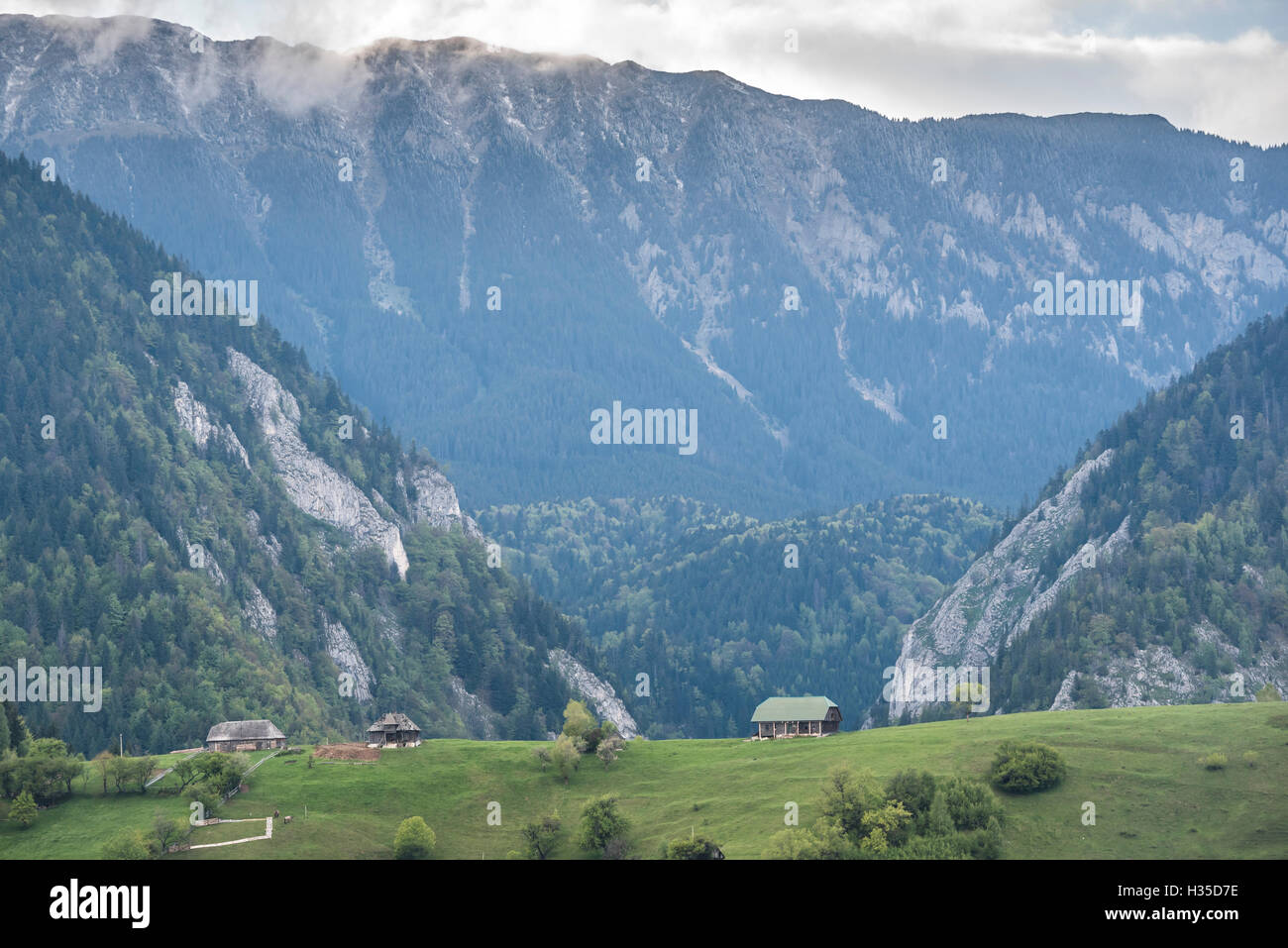 Rumänische Landschaft in den Karpaten in der Nähe von Schloss Bran in Pestera, Siebenbürgen, Rumänien Stockfoto