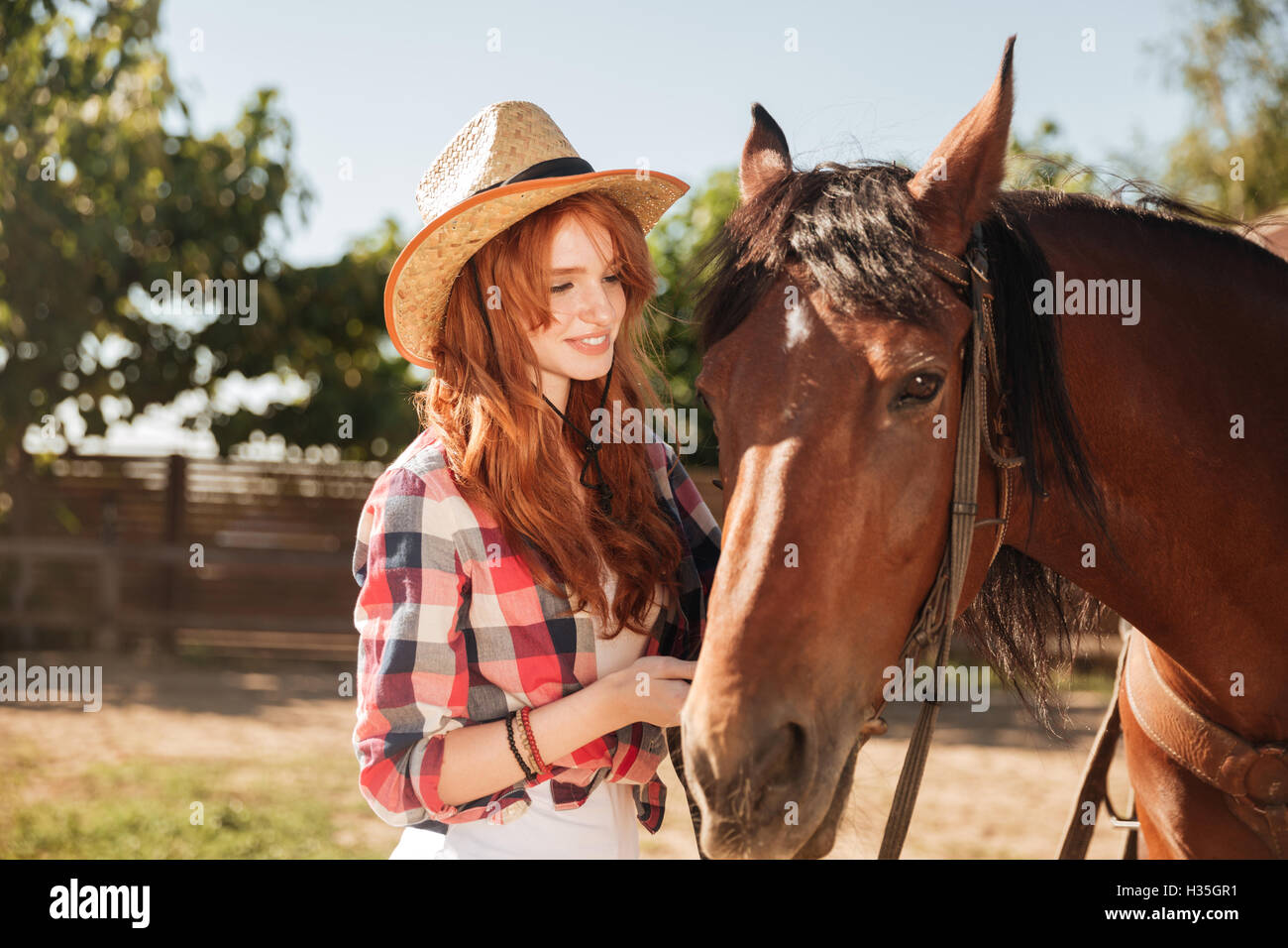 Niedlich schönen jungen Frau Cowgirl kümmert sich um ihr Pferd auf der ranch Stockfoto