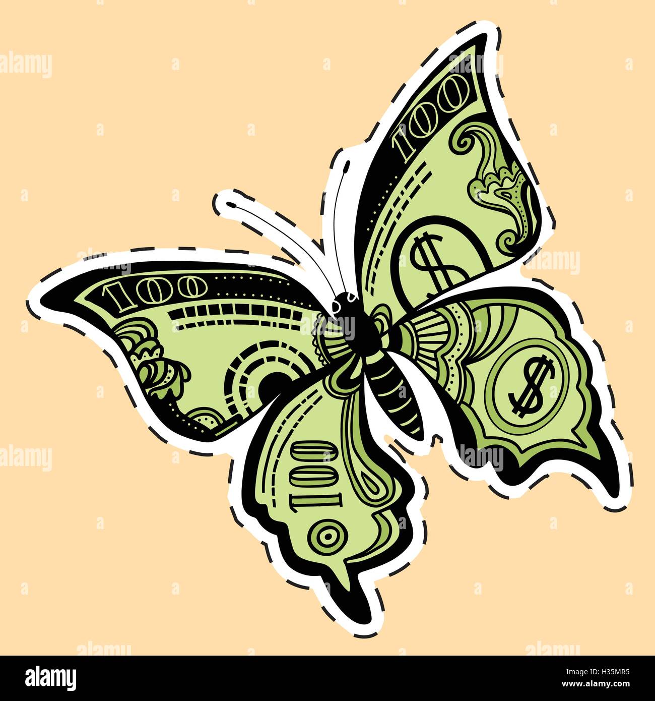 Schmetterling-Dollar Bill Label Aufkleber Stock Vektor