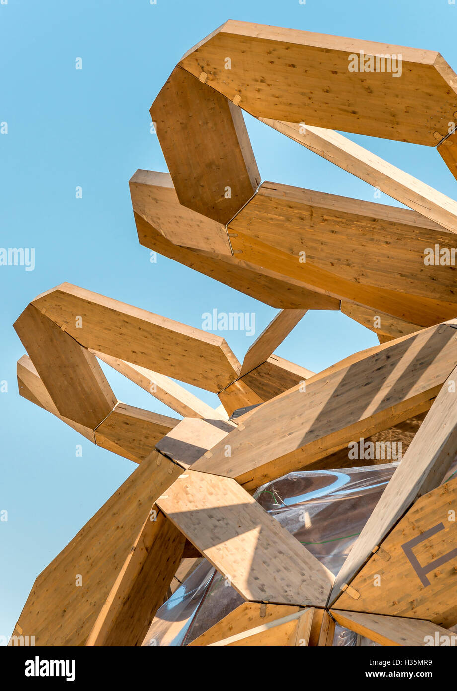 Detail der Copagri-Pavillon auf der Expo 2015 Milano Italy Architekten Miralles Tagliabue Scorpion Kuppel. Stockfoto