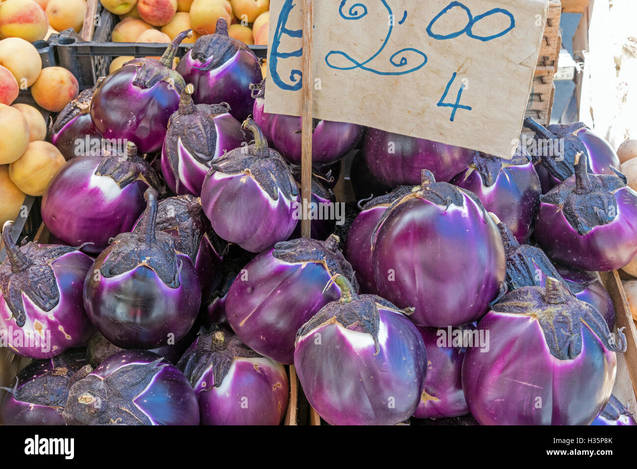 Frische Runde Auberginen zum Verkauf auf einem Markt in Palermo, Sizilien Stockfoto