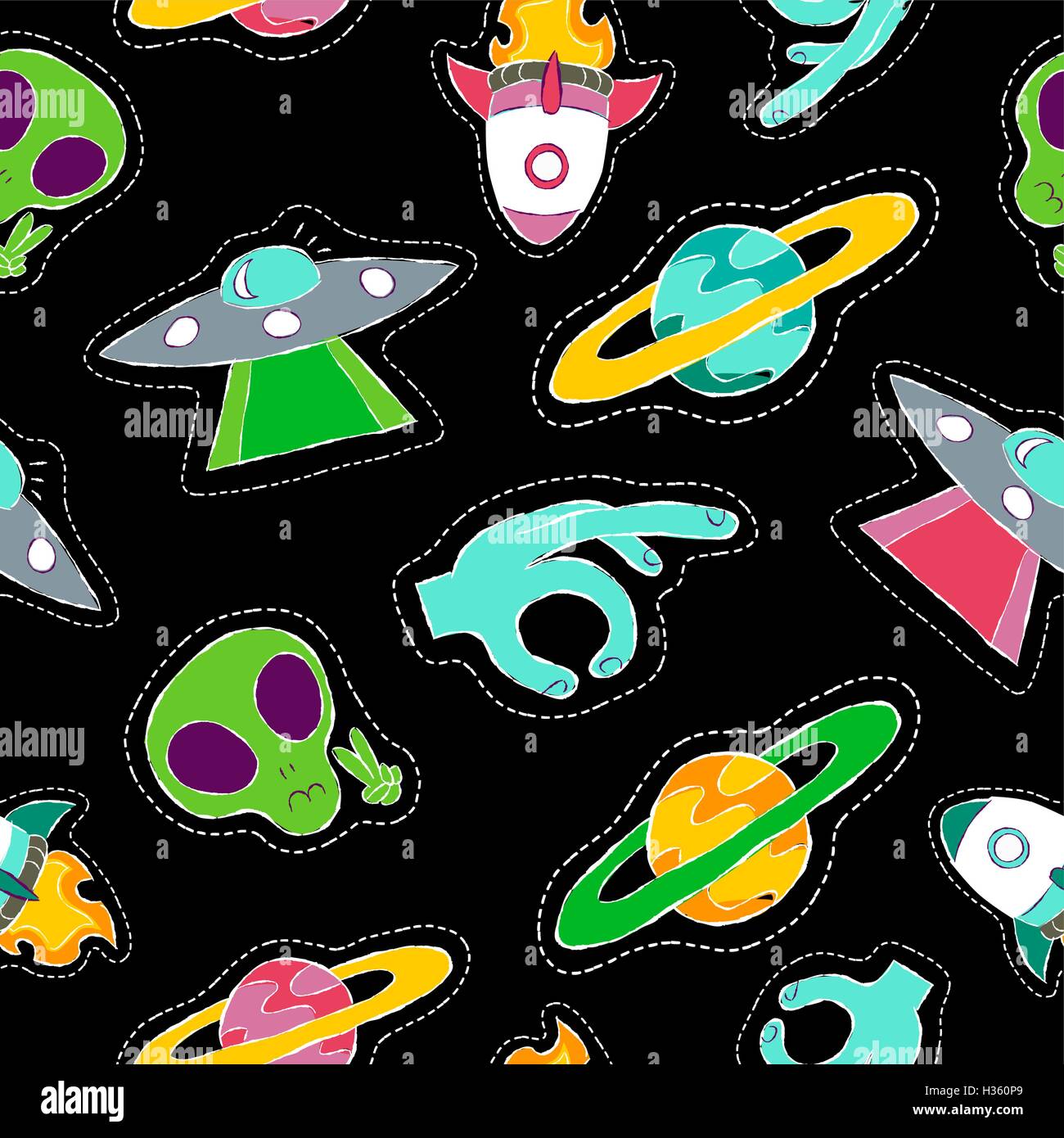 Hand gezeichnete Musterdesign mit Weltraum Planeten Stich Patch Ikonen, Planeten und Alien Schiff Entführung Entwürfe. EPS10 Vektor. Stock Vektor