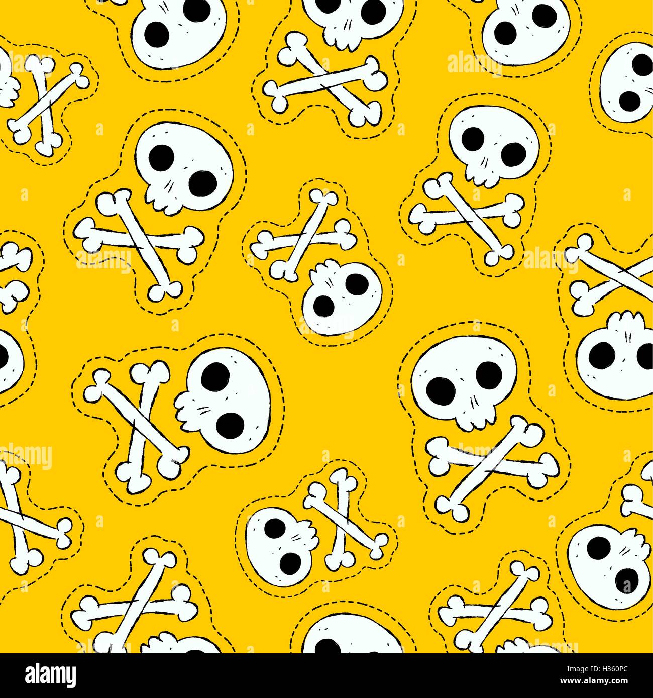Handgezeichnete Musterdesign mit menschlichen Schädel Knochen Patch Ikonen, gruselige Skelett Abbildung auf gelbem Hintergrund. EPS10 Vektor. Stock Vektor