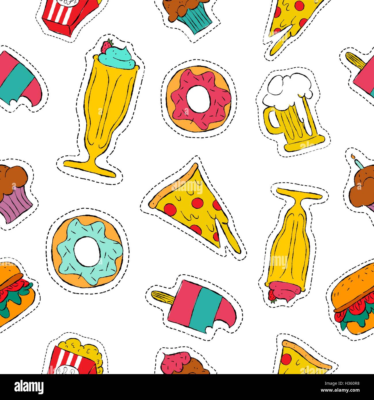 Hand gezeichnet doodle Musterdesign mit Retro-Fast-Food-Patch-Symbole, Bier, Pizza, Milchshake, Burger und mehr. EPS10 Vektor. Stock Vektor