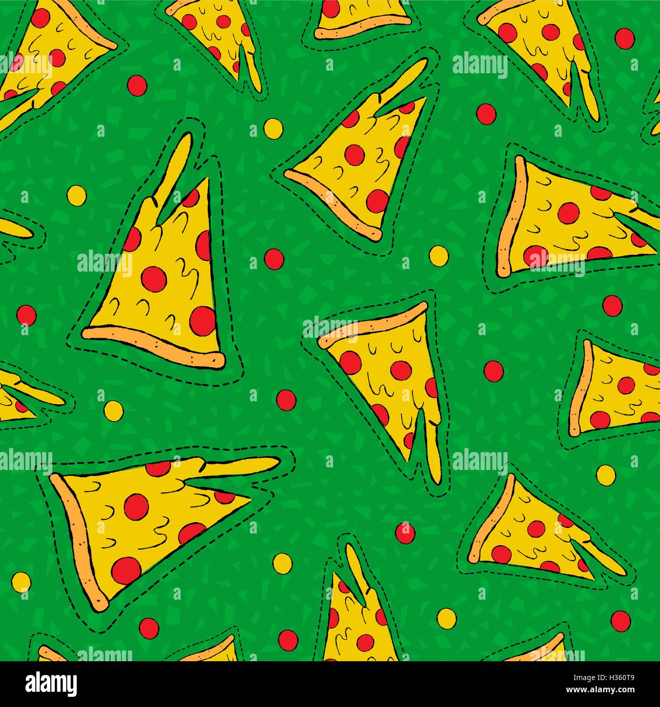 Hand gezeichnet nahtlose Muster mit Käse Pizza Stich Patch Ikonen, Restaurant Fast-Food Illustration Hintergrund. EPS10 Vektor. Stock Vektor