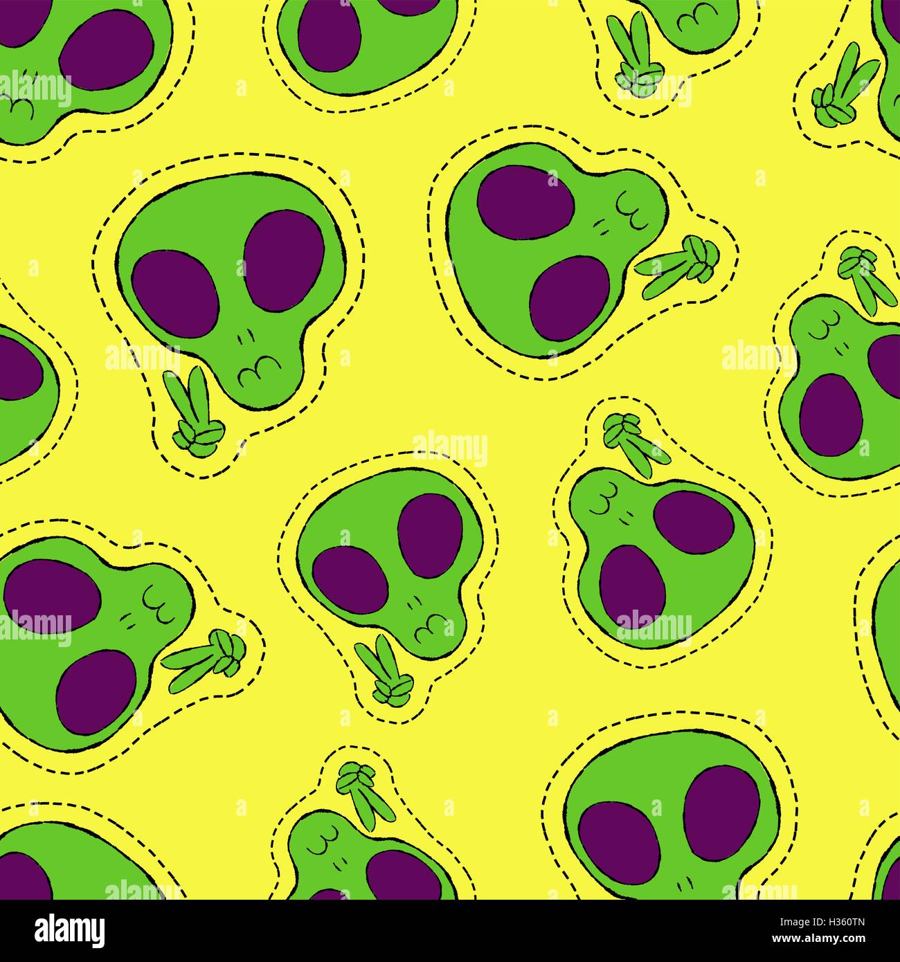 Retro-90er Jahre Stilikone Hand gezeichnete nahtlose Muster mit Space alien Stitch Patch, den Weltraum Spaß doodle Hintergrund. EPS10 Vektor Stock Vektor
