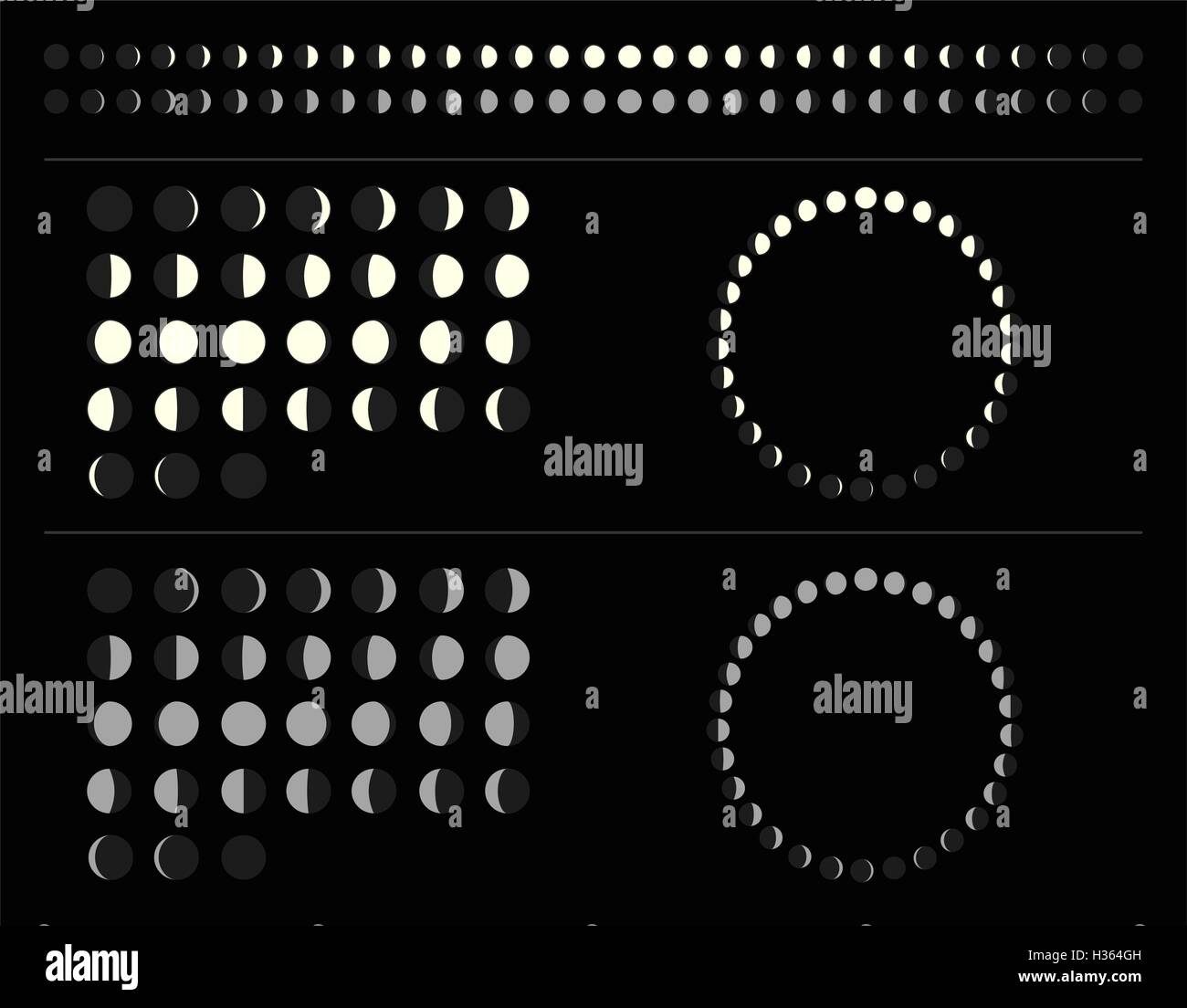 Satz von Mond Phasen Systeme: Kreis, Linie, Mondkalender. Isolierte Darstellung. Vektor. Stock Vektor