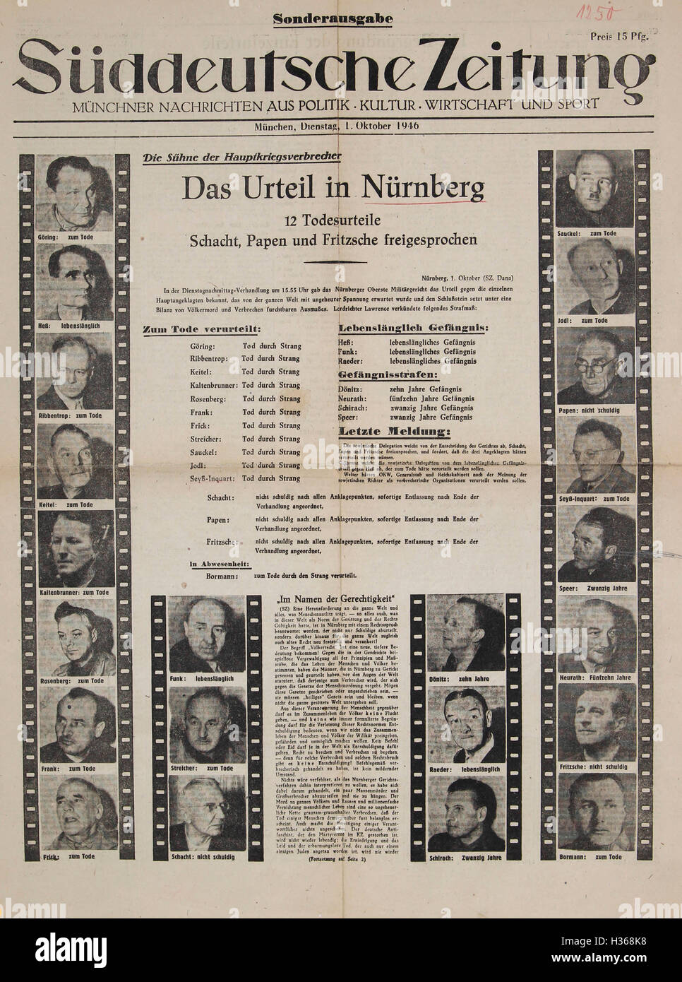 Titelseite der Süddeutschen Zeitung, 01.10.1946 Stockfoto