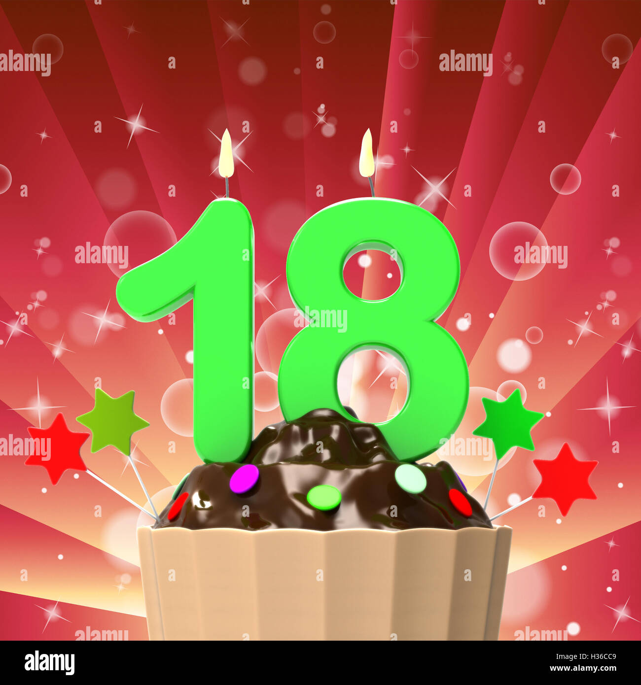 Achtzehn Kerze auf Cupcake Mittel achtzehnten Geburtstagskuchen oder Cel Stockfoto
