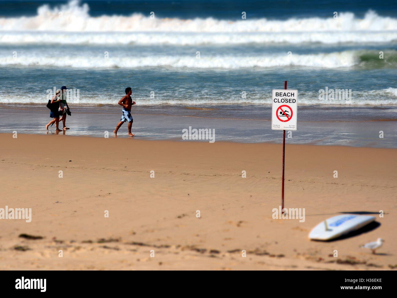 Ein Schild Strand geschlossen. Kein Schwimmen-Flagge am Strand vor/nach Sturm. Stockfoto