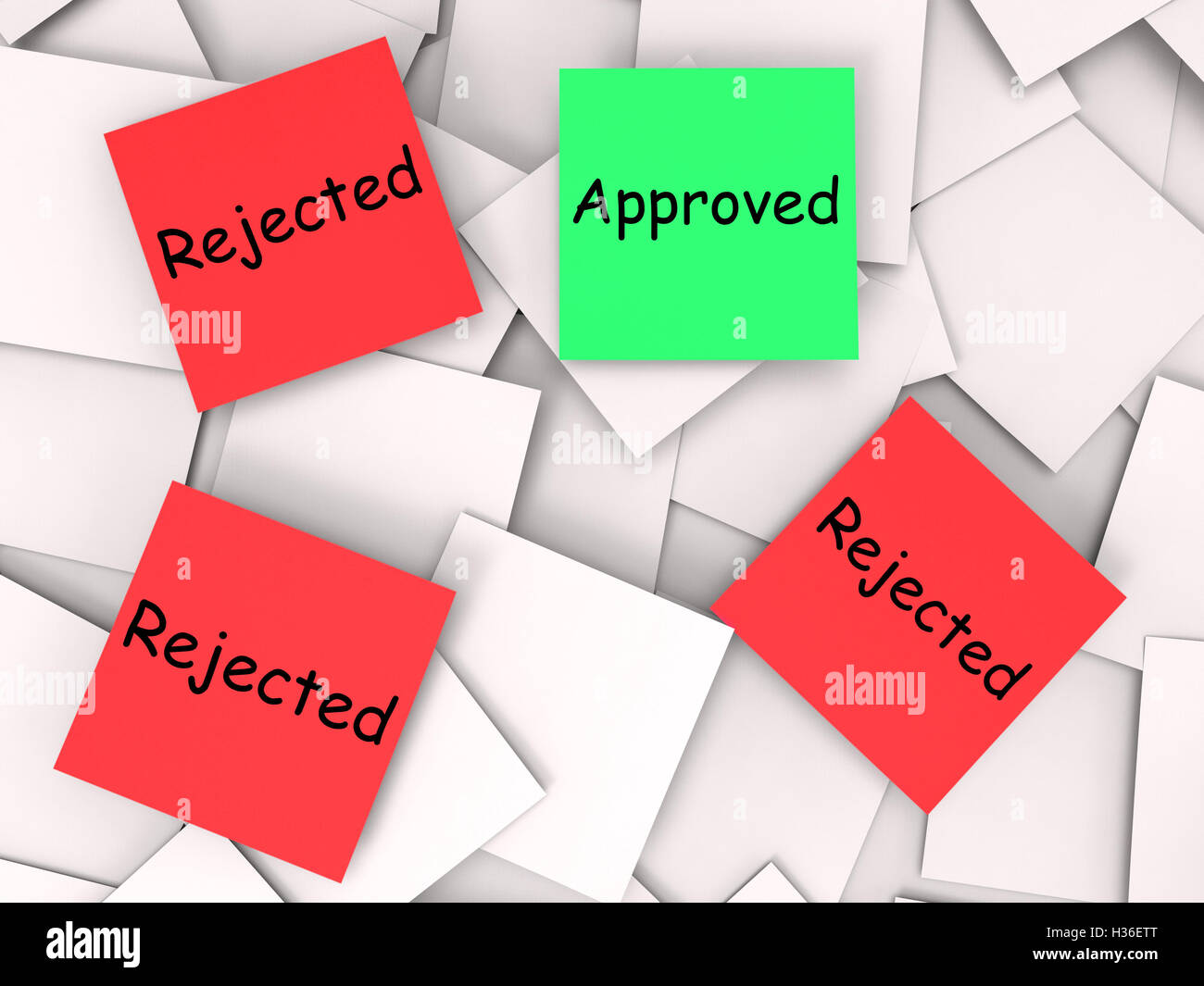 Zugelassenen abgelehnten Post-It Notes bedeutet Zustimmung oder Ablehnung Stockfoto