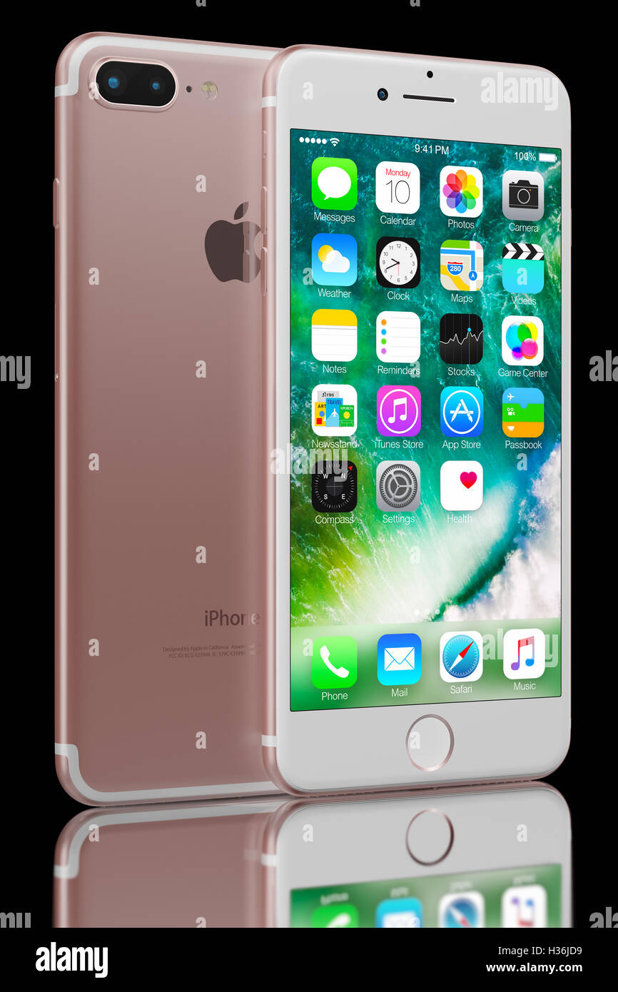 3D-Rendering von Rose Gold iPhone 7 Plus auf schwarzem Hintergrund isoliert. Geräte, die Anwendungen auf dem home-Bildschirm anzeigen. Stockfoto