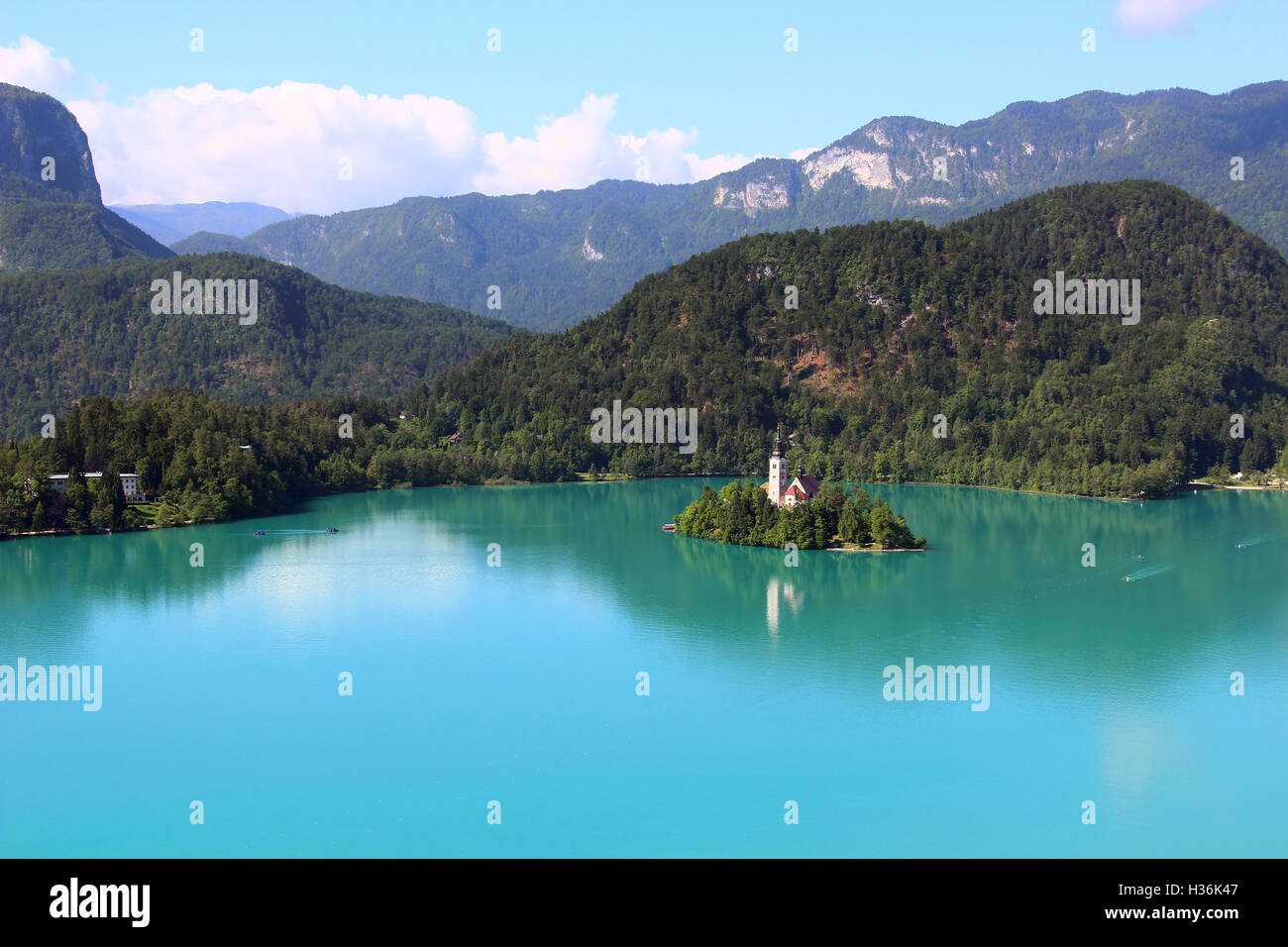Bled See und Annahme der Wallfahrtskirche Maria, Slowenien Stockfoto