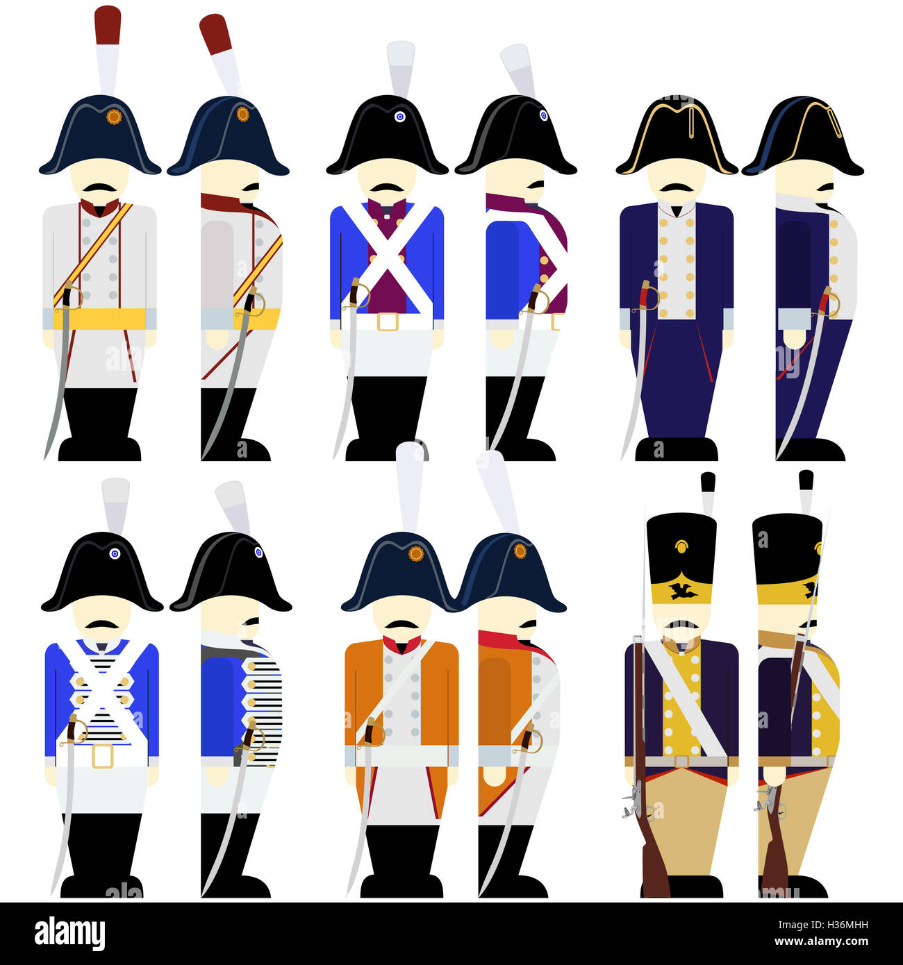 Preußische Armee Soldaten in Uniformen und Waffen dienten im Krieg von 1812. Die Abbildung auf einem weißen Hintergrund. Stockfoto