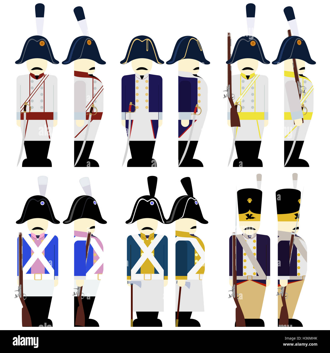 Preußische Armee Soldaten in Uniformen und Waffen dienten im Krieg von 1812. Die Abbildung auf einem weißen Hintergrund. Stockfoto