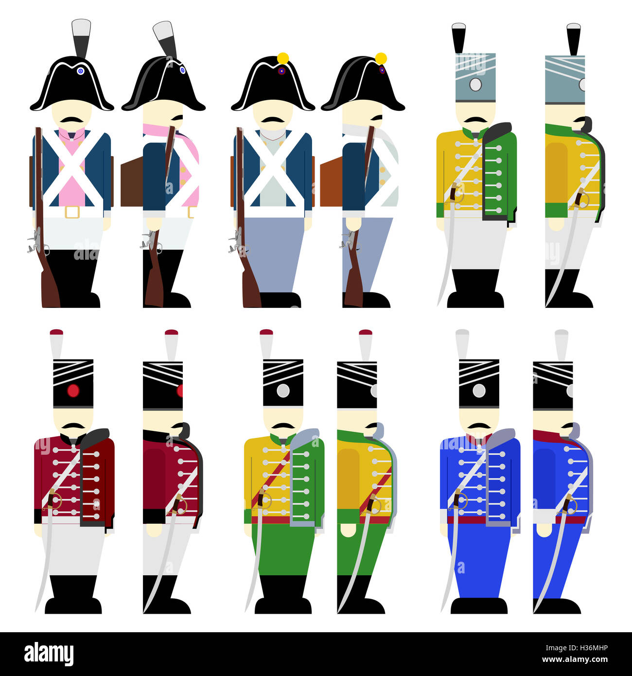 Preußische Armee Soldaten in Uniformen und Waffen dienten im Krieg von 1812. Die Abbildung auf einem weißen Hintergrund. Stockfoto