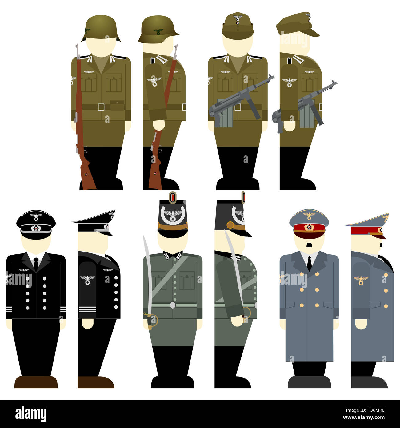 Uniformen und Waffen der Soldaten und Offiziere der Wehrmacht im zweiten Weltkrieg. Die Abbildung auf einem weißen Hintergrund. Stockfoto