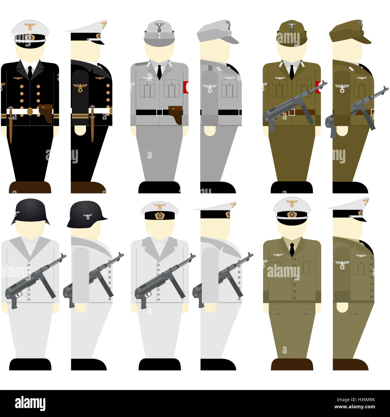 Uniformen und Waffen der Soldaten und Offiziere der Wehrmacht im zweiten Weltkrieg. Die Abbildung auf einem weißen Hintergrund. Stockfoto