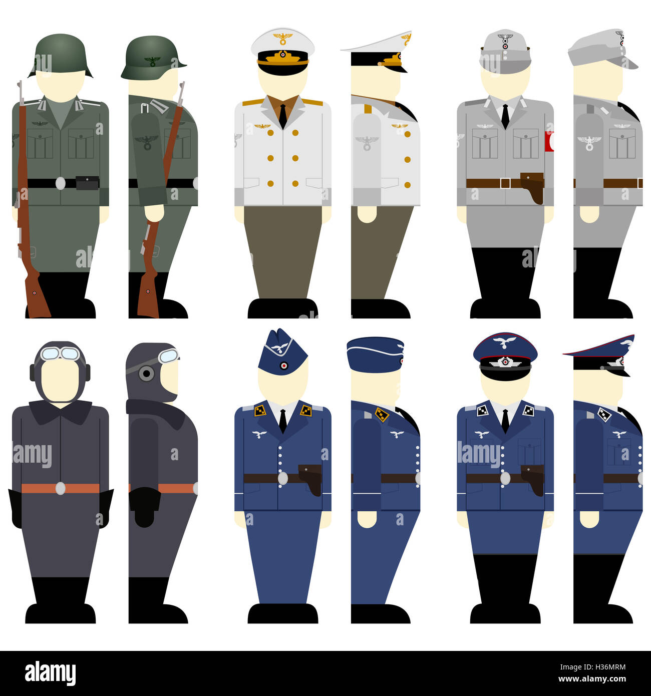 Uniformen und Waffen der Soldaten und Offiziere der Wehrmacht im zweiten Weltkrieg. Die Abbildung auf einem weißen Hintergrund. Stockfoto