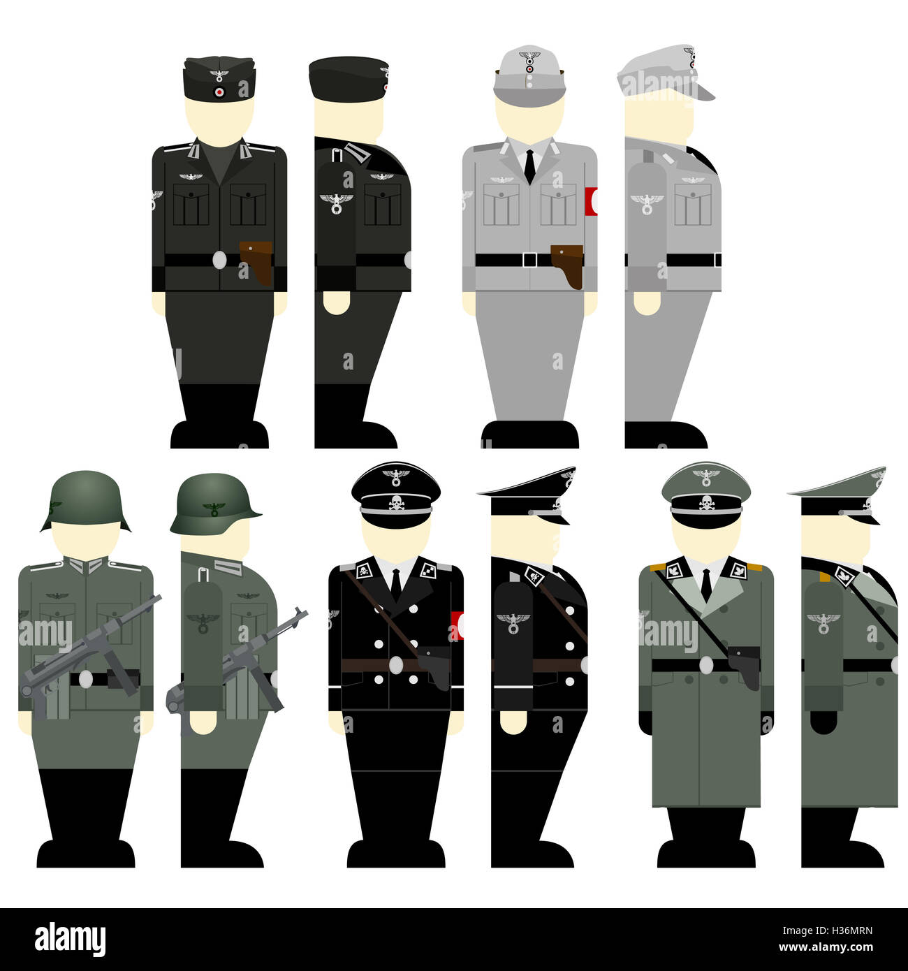 Uniformen und Waffen der Soldaten und Offiziere der Wehrmacht im zweiten Weltkrieg. Die Abbildung auf einem weißen Hintergrund. Stockfoto