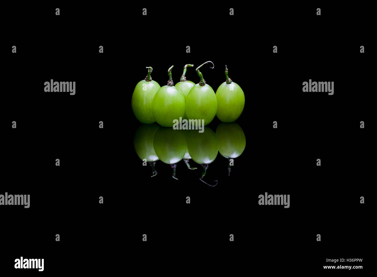 Fünf einzelne Trauben auf schwarzen reflektierenden Hintergrund Stockfoto