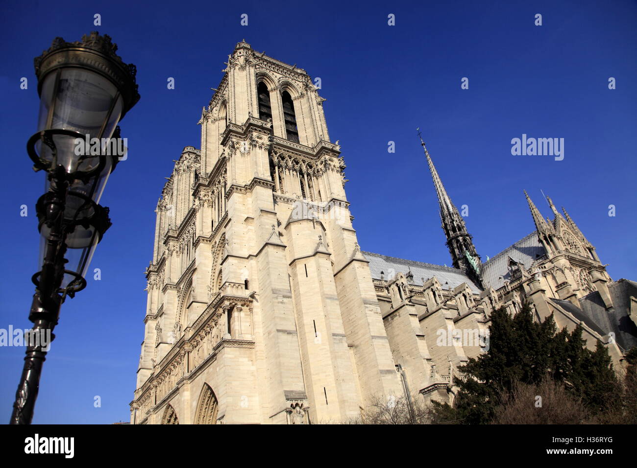 Ein Laternenpfahl mit Glockentürme der Notre Dame Cathedral.Paris.France Stockfoto