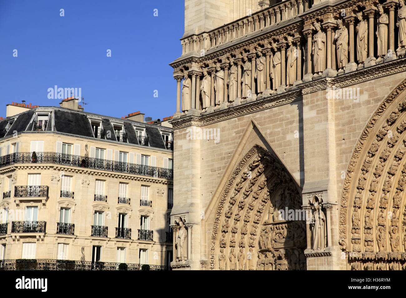 Die Westfassade der Kathedrale Notre-Dame mit einem Mehrfamilienhaus im Hintergrund. Paris.France Stockfoto