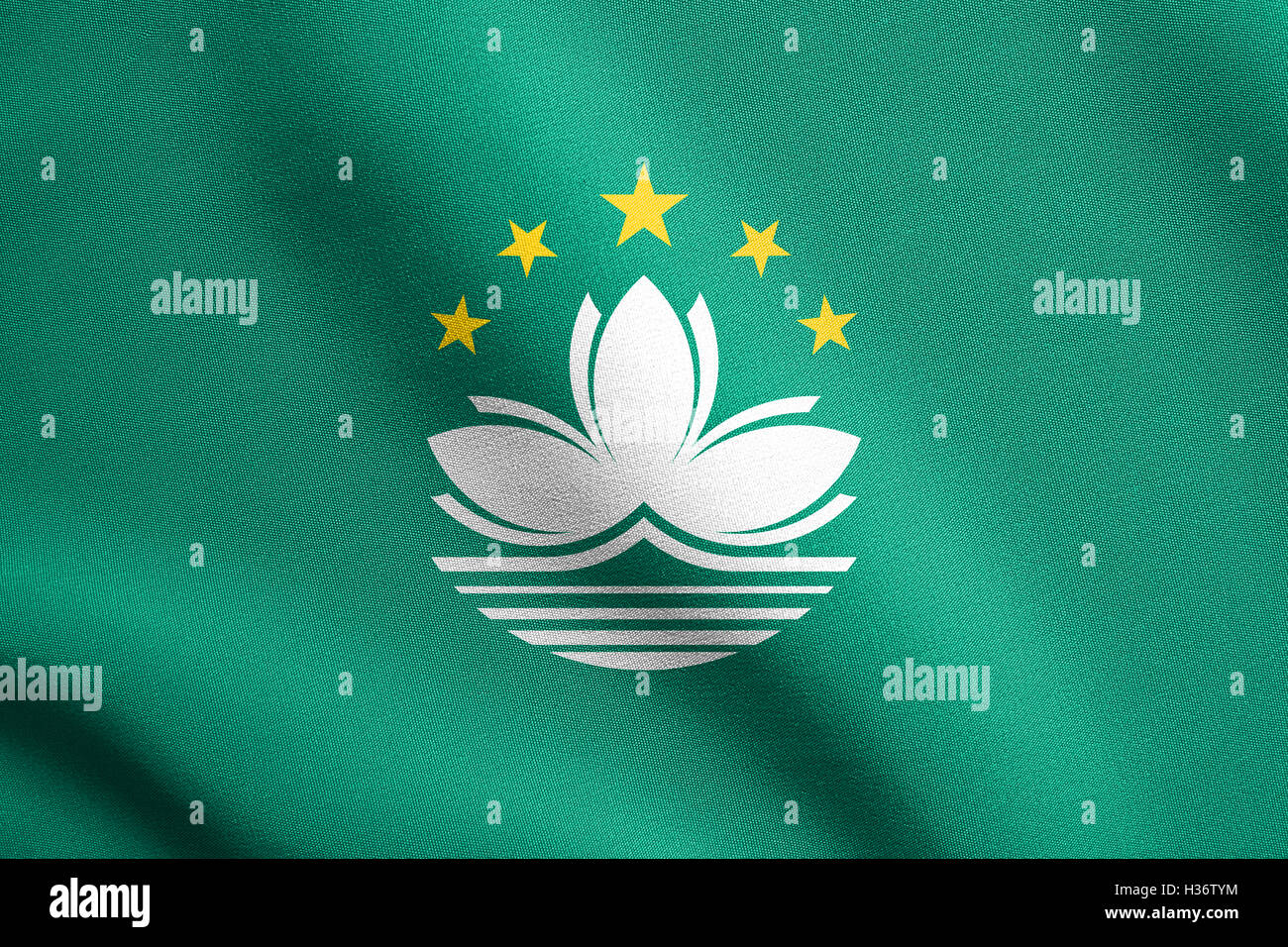 Macau offizielle Flagge. Patriotische chinesische Schriftzeichen, Banner, Element, Hintergrund. Macau ist besondere Region der Volksrepublik China. Flagge von Macau Stockfoto