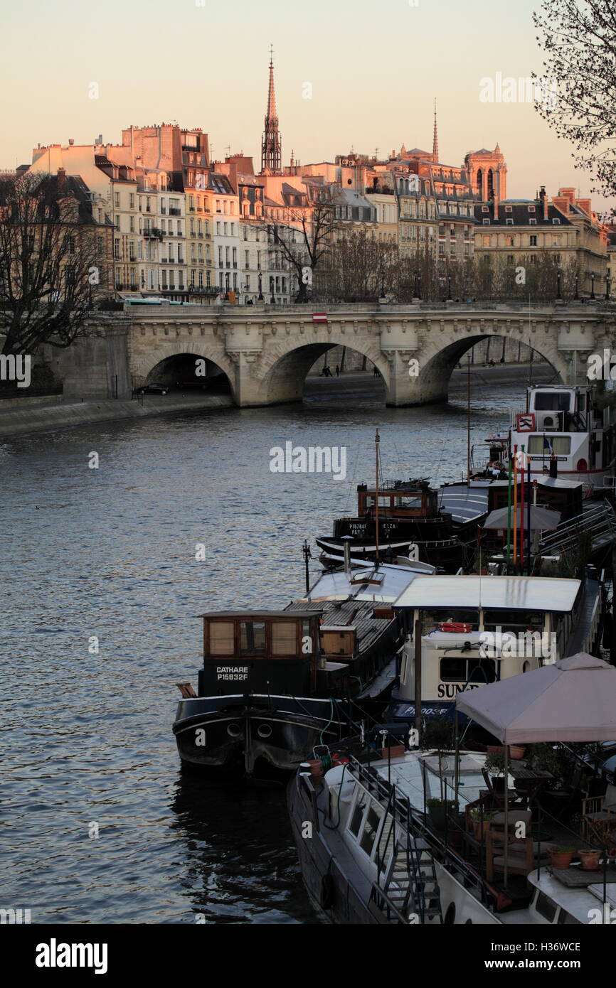 Den Sonnenuntergang am Ufer mit Île De La Cité (Cite Insel) im Hintergrund. Paris. Frankreich Stockfoto