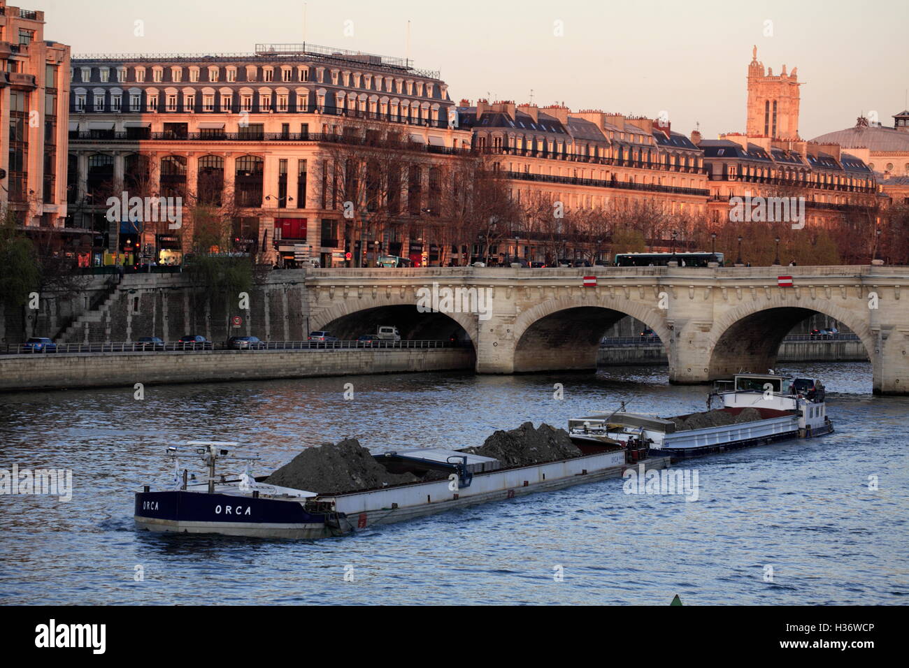 Sonnenuntergang am Ufer mit Pont Neuf und Stadtbild von Rive Droite im Hintergrund. Paris. Frankreich Stockfoto