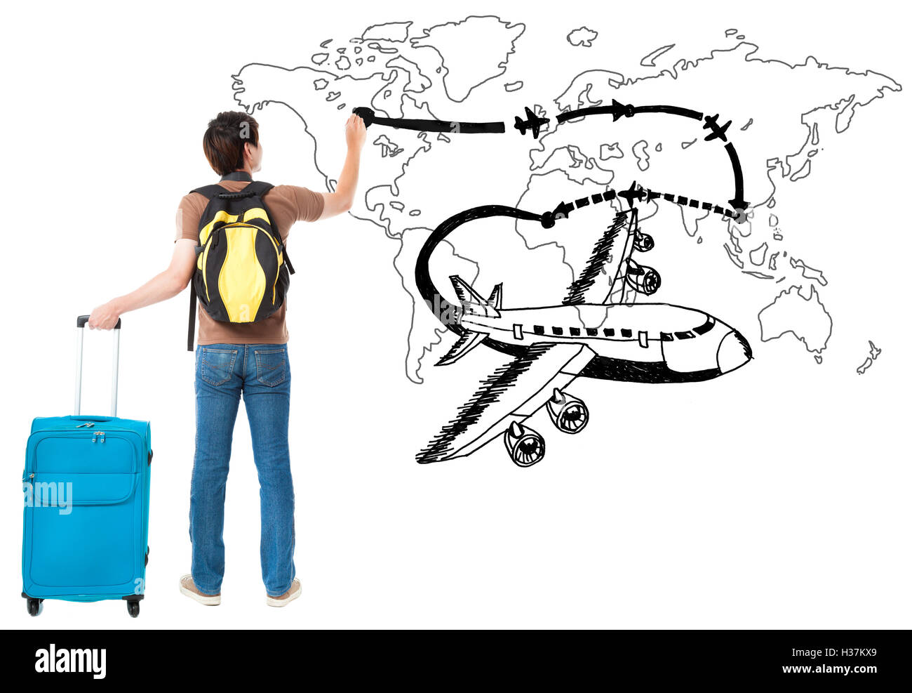 junge Reisende Flugzeug und Airline Zeichnungspfad auf der Karte Stockfoto