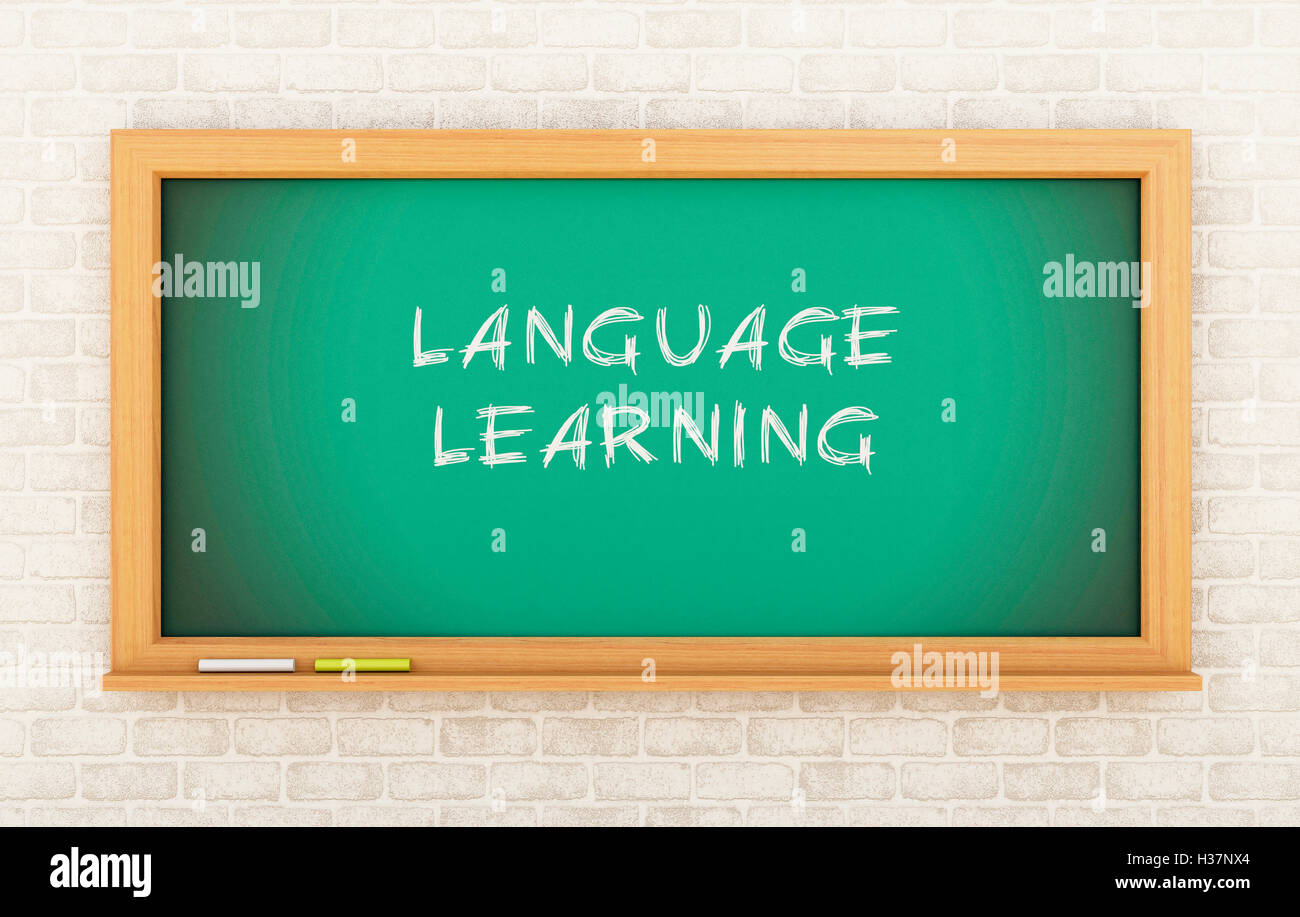 3D Illustration. Tafel mit Sprachenlernen. Bildungskonzept. Stockfoto