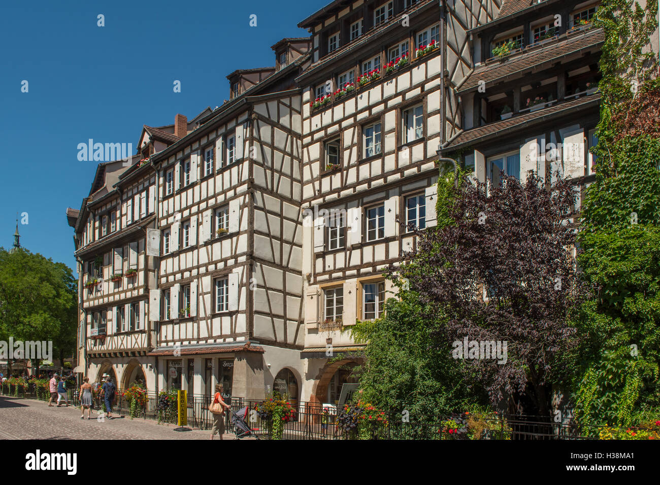 Fachwerkhäuser auf der Rue St Jean, Colmar, Elsass, Frankreich Stockfoto