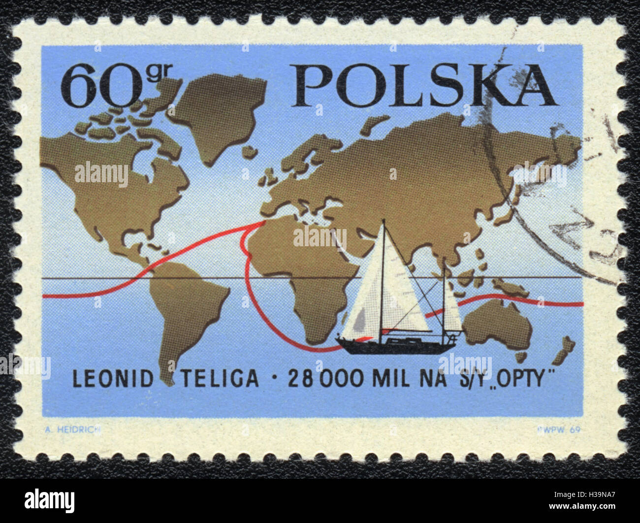 Eine Briefmarke gedruckt in Polen zeigt Karte mit Route der Weltreise der polnischen Segler Leonid Teliga, ca. 1969 Stockfoto