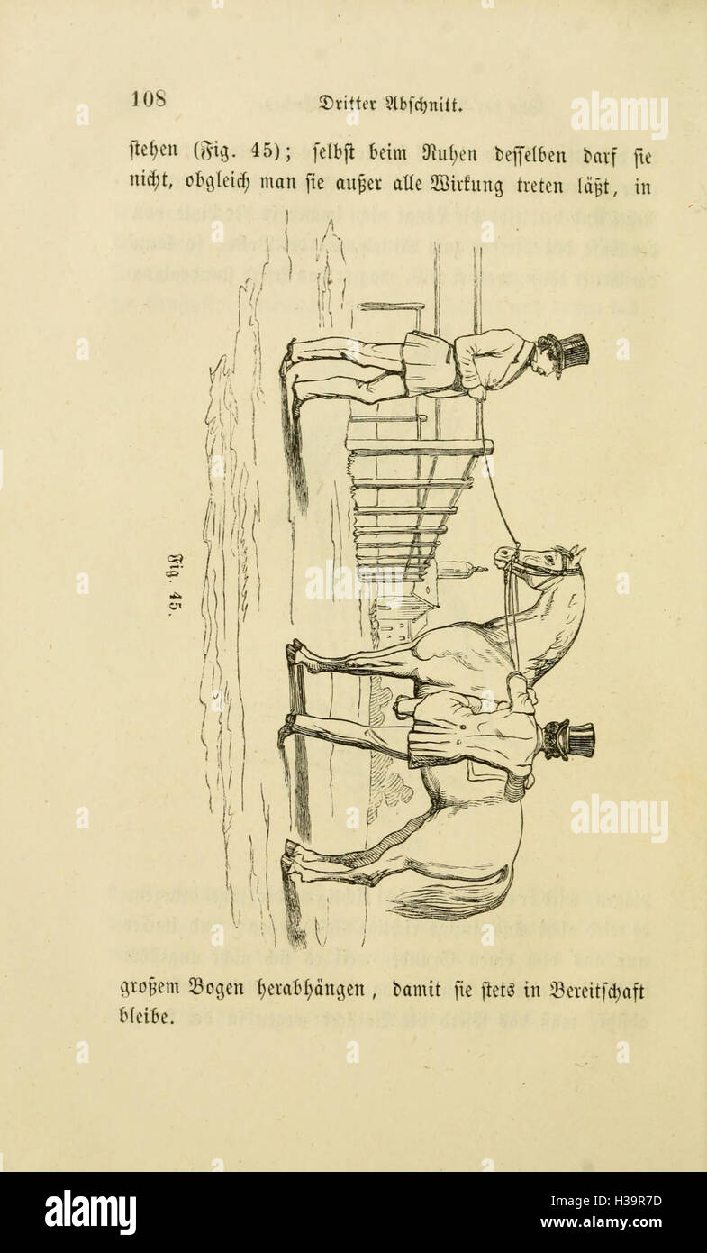 Dieser deutsche Text befasst sich mit der Reitkunst und ihrer Anwendung auf militärische, Kampagnen- und Schulreittechniken und konzentriert sich dabei auf die verschiedenen Arten von Pferdeausbildung und Reitstilen. Stockfoto