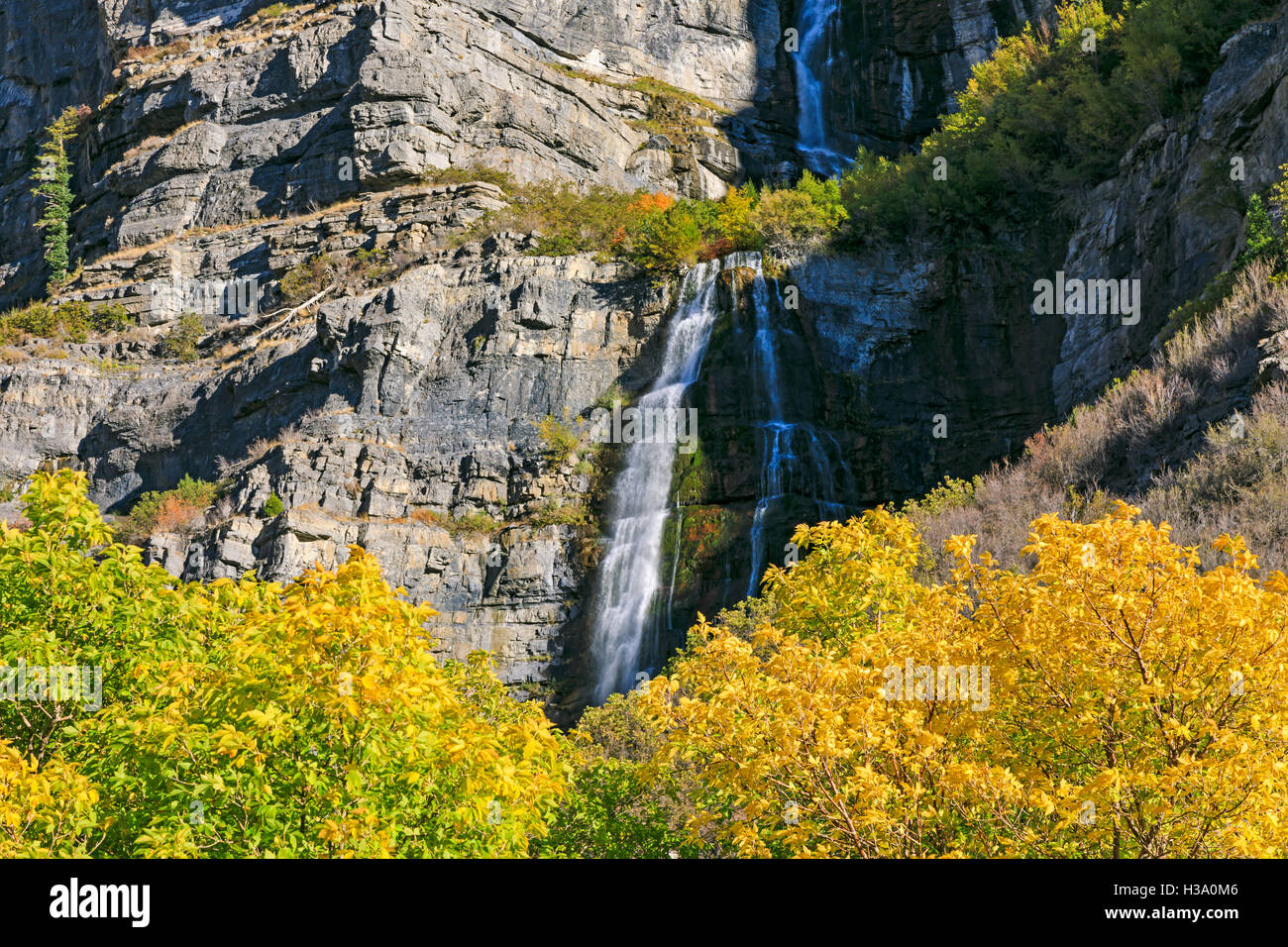 Dies ist ein Blick auf die Farben des Herbstes am Bridal Veil Falls in Provo Canyon, Utah, USA Stockfoto