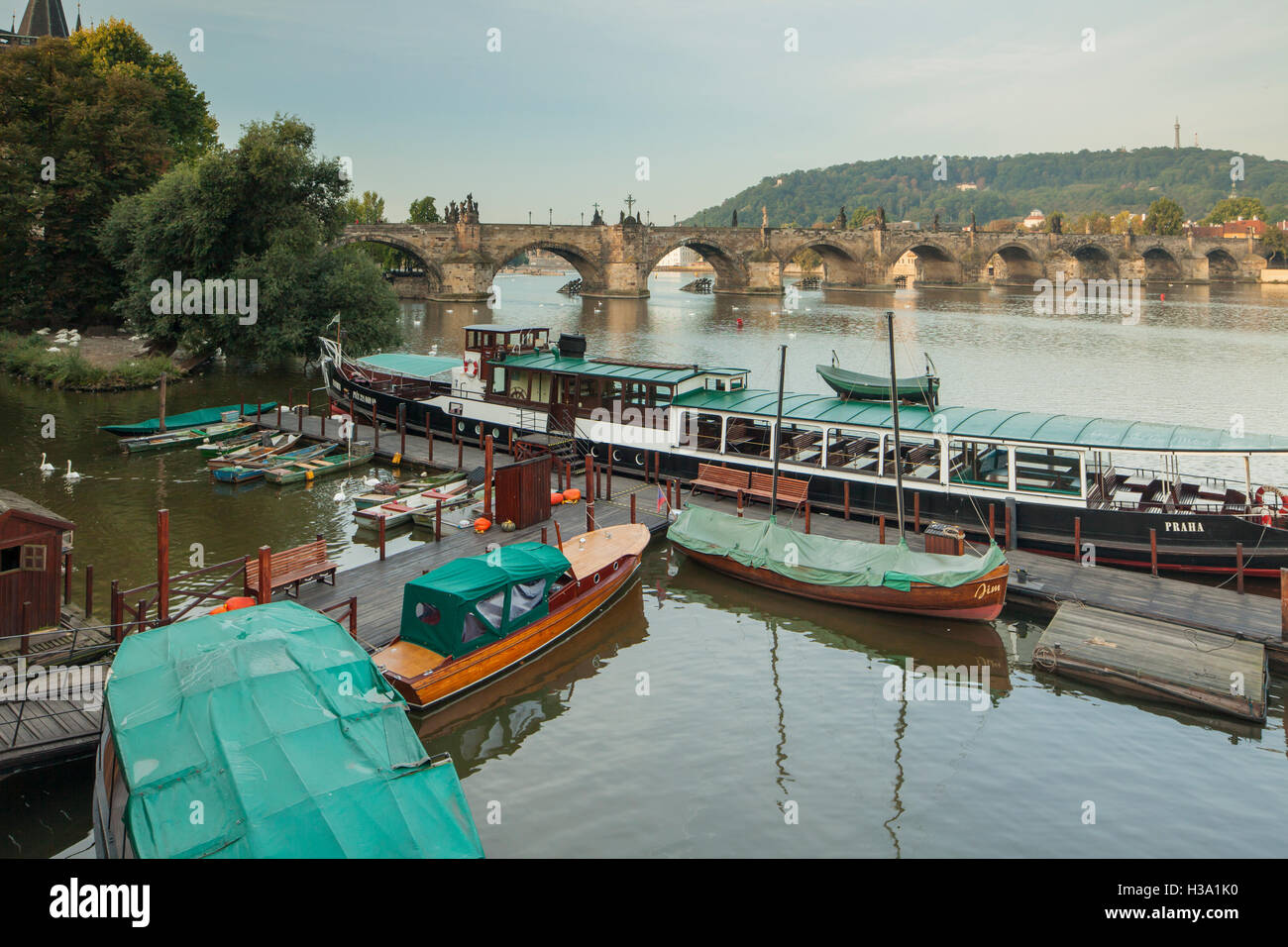 Herbstmorgen auf Moldau in Prag, Tschechien. Karlsbrücke in der Ferne. Stockfoto