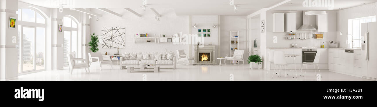 Innenraum der weißen Schlafzimmer, Wohnzimmer, Küche, Wohnbereich mit Kamin, Panorama 3D-Rendering Stockfoto