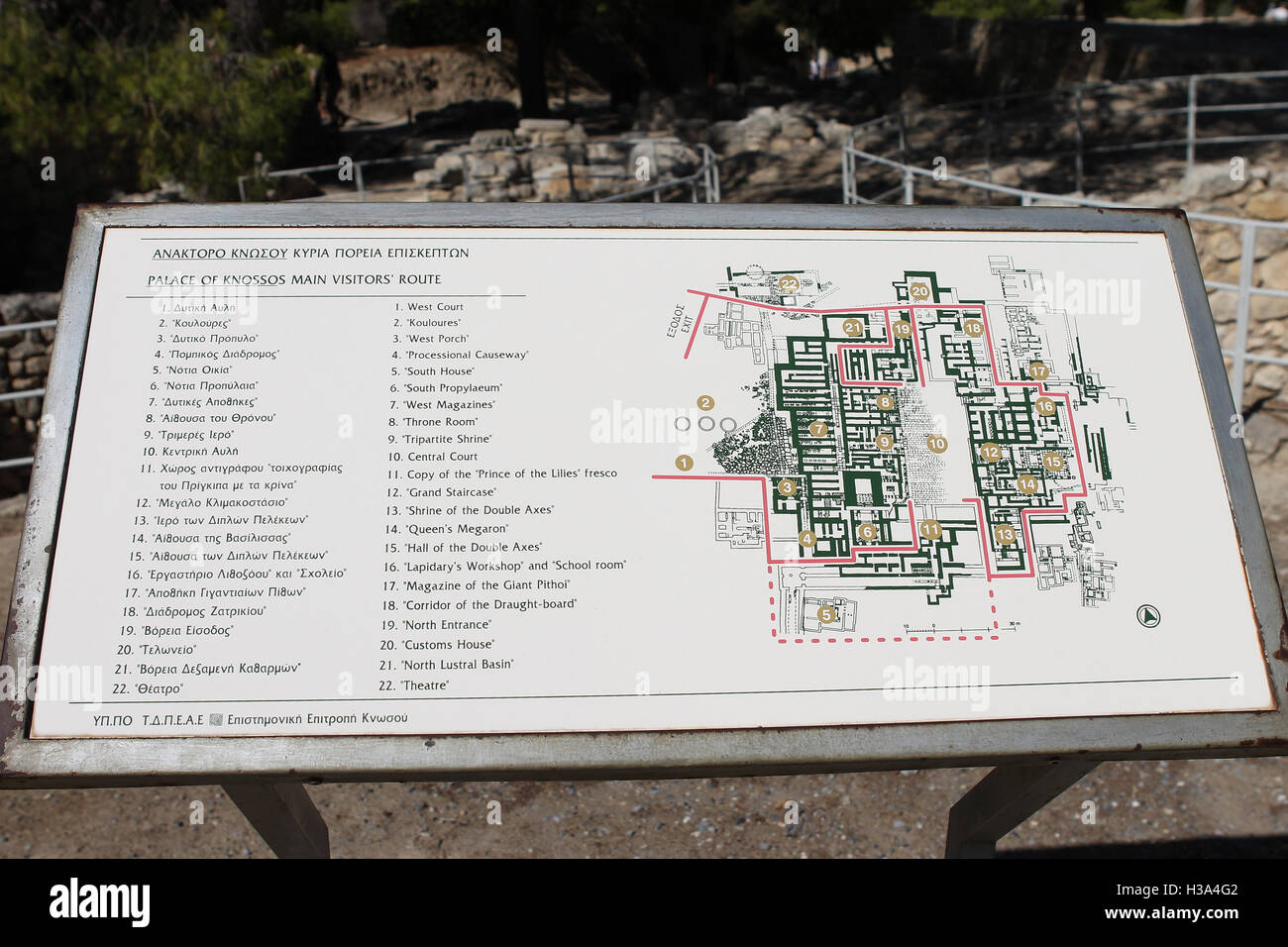 Knossos archäologische minoischen Ruinen auf der Insel Kreta in Griechenland. Erläuternder Text werden angezeigt, bei jeder Ausgrabung. Stockfoto