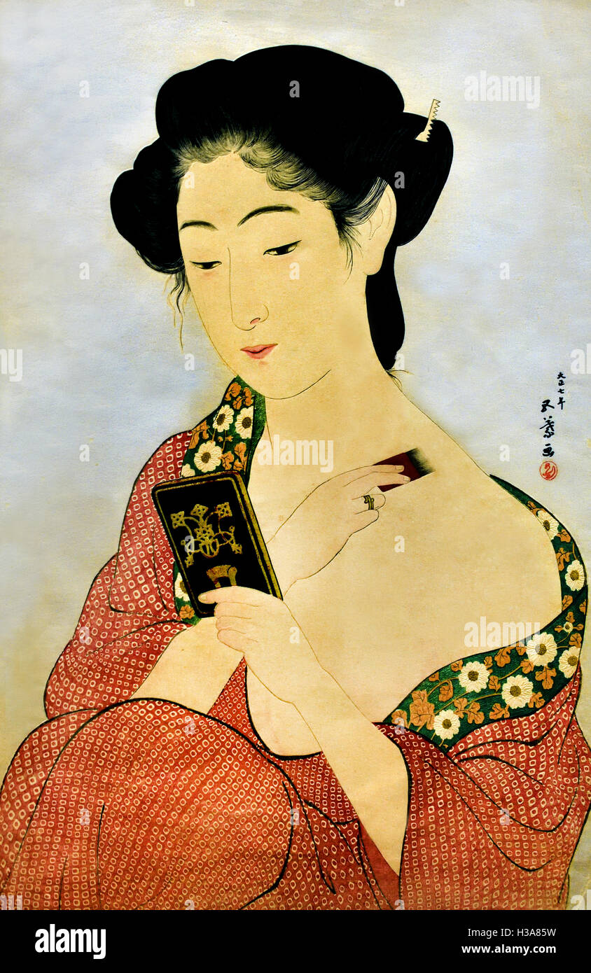 Frau Anwendung Make-up 1918 Hashiguchi Goyo 1880-1921 Japan (Farbe Holzschnitt auf Papier) Stockfoto