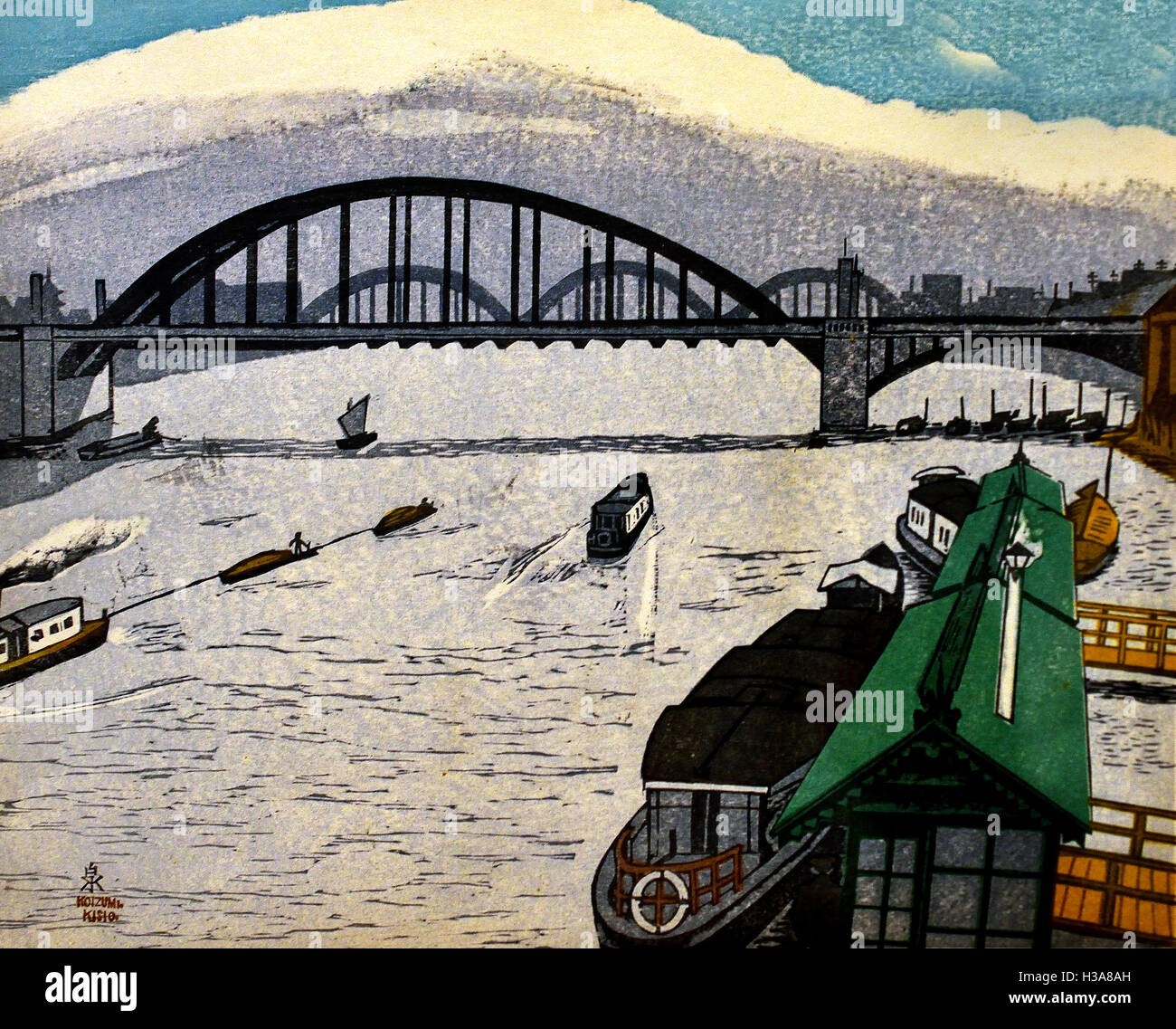 Alten Brücke und Dampfer Terminal 1934 mehr Tokio Koizumi Kishio 1893-1945 Japan (Farbe Holzschnitt auf Papier) Stockfoto